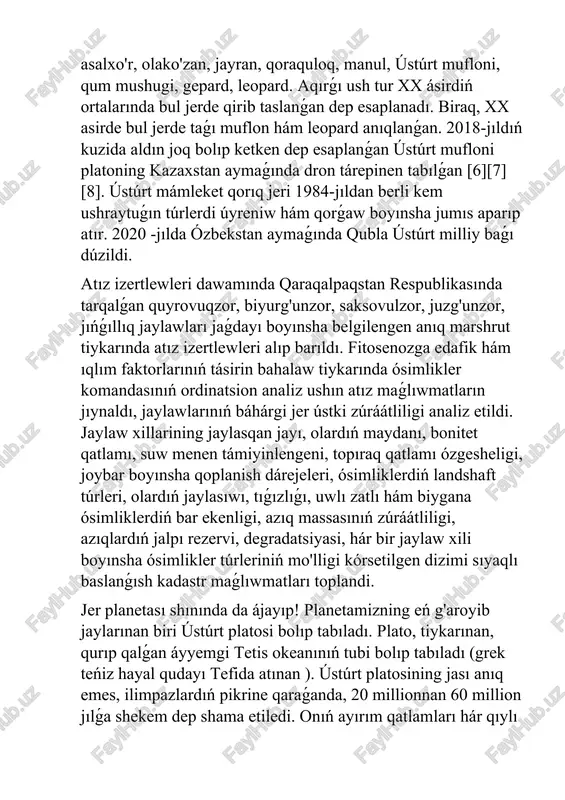 , topıraq qatlamı ózgesheligi, joybar boyınsha qoplanish dárejeleri, ósimliklerdiń landshaft túrleri, olardıń jaylasıwı, tıǵızlıǵı, uwlı zatlı hám biygana ósimliklerdiń bar ekenligi, azıq massasınıń zúráátliligi, azıqlardıń jalpı rezervi, degradatsiyasi, hár bir jaylaw xili boyınsha ósimlikler túrleriniń mo'lligi kórsetilgen dizimi sıyaqlı baslanǵısh kadastr maǵlıwmatları toplandi. jer planetası shınında da ájayıp! planetamizning eń g'aroyib jaylarınan biri ústúrt platosi bolıp tabıladı. plato, tiykarınan, qurıp qalǵan áyyemgi tetis okeanınıń tubi bolıp tabıladı (grek teńiz hayal qudayı tefida atınan ). ústúrt platosining jası anıq emes, ilimpazlardıń pikrine qaraǵanda, 20 millionnan 60 million jılǵa shekem dep shama etiledi. onıń ayırım qatlamları hár qıylı eritpeler: mollyuskalar qaldıqları, teńiz tipratikanlari, toshga aynalǵan marjanlar hám shıǵanaqlar, sonıń menen birge, millionlap jıllar dawamında okean tubida tóplanǵan hák tas hám por qatlamlarınan ibarat. áyyemgi jınıslar kórinip turǵan jańa jarlıqlarda sol uzaq dáwirlerdi eslatuvchi áyyemgi akulalarning tislerin tabıw múmkin. xx ásirdiń 80-jıllarında ilimpazlar noodatiy jasalma sızıqlardı bayqawdı. bul sızıqlar arqaǵa belgi etiwshi 900 …