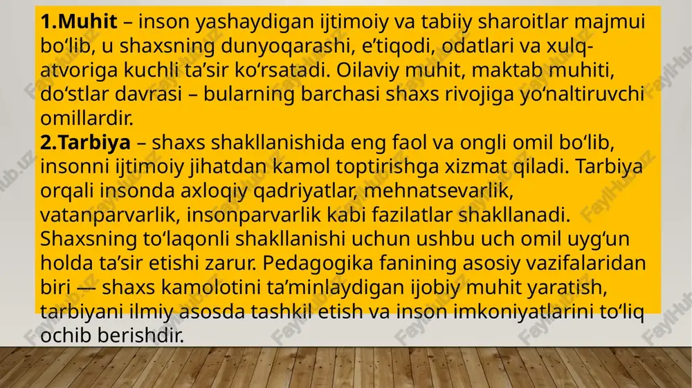 ngdek, pedagogik yondashuvlar orasida hamkorlikda o‘qitish, loyiha asosida ta’lim, kritik fikrlashni rivojlantirish metodlari ham shaxsning mustaqil fikrlash va ijodiy salohiyatini oshirishda muhim ahamiyatga ega. bugungi kunda o‘qituvchidan faqat bilim berish emas, balki shaxsni tarbiyalash, unda ijtimoiy mas’uliyat, insoniy fazilatlar va vatanparvarlik tuyg‘usini shakllantirish talab qilinadi. shu bois, zamonaviy pedagogik yondashuvlar shaxsni barkamol inson sifatida kamol toptirishning asosiy vositasi hisoblanadi. xulosa xulosa qilib aytganda, shaxs — bu insonning ijtimoiy hayotdagi faol ishtirokini, ma’naviy dunyosini, tafakkuri va xulq-atvorini ifodalovchi murakkab tushunchadir. har bir inson shaxs sifatida tarbiya, ta’lim va ijtimoiy muhit ta’sirida shakllanadi. shaxs rivojida irsiyat muhim o‘rin tutgan bo‘lsa-da, aynan tarbiya va ta’lim uning kamolotini belgilovchi asosiy omillardir. pedagogika fanining vazifasi — shaxsni har tomonlama rivojlantirish, unda mustaqil fikrlash, ijodkorlik, axloqiylik, vatanparvarlik kabi fazilatlarni shakllantirishdir. shu maqsadda o‘qituvchi zamonaviy pedagogik yondashuvlardan — shaxsga yo‘naltirilgan ta’lim, interfaol metodlar, akt vositalari, kompetensiyaga asoslangan o‘qitish kabi metodlardan samarali foydalanishi zarur. zamonaviy ta’lim tizimida shaxs …
