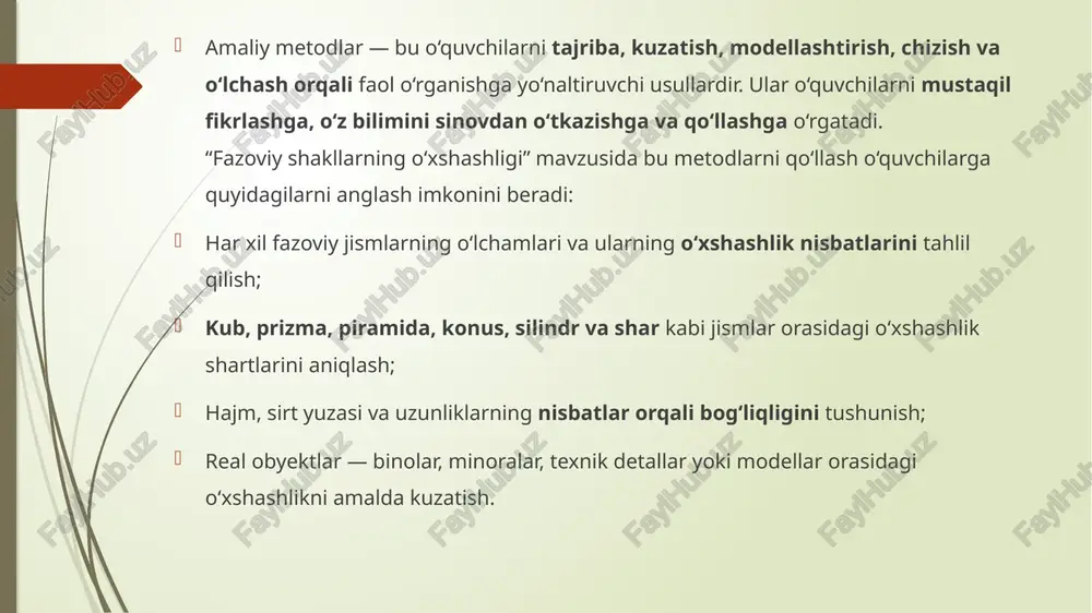 m. to‘xtaboyev. geometriya. 11-sinf uchun darslik. — toshkent: “o‘zbekiston”, 2021. 2. r. n. alimov, s. s. toshpo‘latov. matematika o‘qitish metodikasi. — toshkent: o‘zbekiston milliy universiteti nashriyoti, 2020. 3. a. a. abdullayev, sh. x. yusupov. didaktika va pedagogik texnologiyalar asoslari. — toshkent: “fan va texnologiya”, 2019. 4. b. m. o‘rinboyev, d. t. sodiqov. interfaol metodlar va zamonaviy pedagogik texnologiyalar. — toshkent: “tafakkur”, 2020. 5. “geometriya 9-sinf” darsligi mualliflar: b. q. xaydarov, e. sariqov, a. qo‘chqorov nashr: 2019 elektron manbalar: www.ziyonet.uz www.geogebra.org http://www.rtm.uz image1.jpeg image2.jpeg /docprops/thumbnail.jpeg