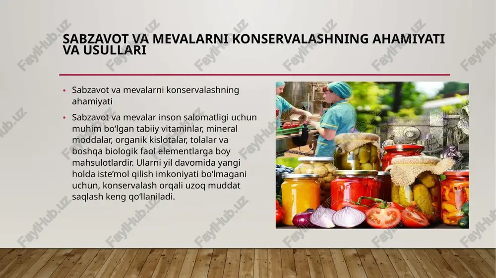 ldoshev r. oziq-ovqat texnologiyasi. – toshkent: o‘qituvchi, 2019. 2. tursunova d., raxmatullayeva m. meva va sabzavotlarni saqlash va qayta ishlash texnologiyasi. – toshkent: fan va texnologiya, 2021. 3. xolmurodov b. oziq-ovqat mahsulotlarini konserva qilish asoslari. – samarqand: samdu nashriyoti, 2018. 4. g‘ofurova d., mamatova n. ovqat tayyorlash texnologiyasi va gigiyenasi. – toshkent: mehnat, 2020. 5. “qishloq xo‘jaligi va oziq-ovqat xavfsizligi” o‘quv qo‘llanma. – toshkent: o‘zmu, 2022. 6. internet manba: www.agro.uz – o‘zbekiston qishloq xo‘jaligi va oziq-ovqat xavfsizligi portali. 7. internet manba: www.foodtechnology.org – oziq-ovqat texnologiyasi bo‘yicha xalqaro ilmiy maqolalar sayti. etiboringiz uchun rahmat image2.jpeg image3.png image4.jpeg image5.jpeg image6.jpeg image1.jpg /docprops/thumbnail.jpeg