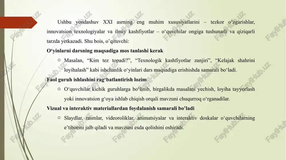 ddat bilan rivojlanmoqda. kompyuter yordamida katta hajmli ma’lumotlar yaratish, to‘plash, saqlash, qayta ishlash va ularni uzatish oddiy hodisaga aylanib qoldi. texnologiyalarning bunday ixchamlashuvi nanotexnologiya (milliardning bir bo‘lagi) deyiladi. u eng zamonaviy texnologiya bo‘lib, barcha axborot vositalarini mittilashtirishga imkon beradi. binobarin, xxi asrda ilm-fan yutuqlari davlatlar taraqqiyotining bosh omili bo‘lib qoladi. shuning uchun ham xxi asr – ilm-fan va taraqqiyot asri, deb yuritiladi. mustaqillik yillarida o‘zbekiston fanlar akademiyasining haqiqiy ilm-fan markaziga aylanishi uchun ko‘p ishlar amalga oshirildi. prezident islom karimov fanlar akademiyasi olimlari bilan bir necha bor uchrashdi. 1997-yilda respublikamizda «umid» jamg‘armasi tuzildi. bundan maqsad – iste’dodli yoshlarni saralab olib, ularning chet ellarda o‘qishini qo‘llab-quvvatlash edi. v. o’tilgan mavzuni mustahkamlash: 10 daqiqa. xulosa xulosa o’rnida aytish joizki, xxi asr – bu insoniyat tarixida ilm-fan, texnika va innovatsiyalar mislsiz darajada rivojlangan davrdir. mazkur mavzuni o‘rganish jarayonida o‘quvchilar inson tafakkuri va ixtirolarining jamiyat taraqqiyotidagi o‘rni, ilm-fanning hayotimizdagi beqiyos ahamiyatini chuqur anglab yetadilar. tarix …