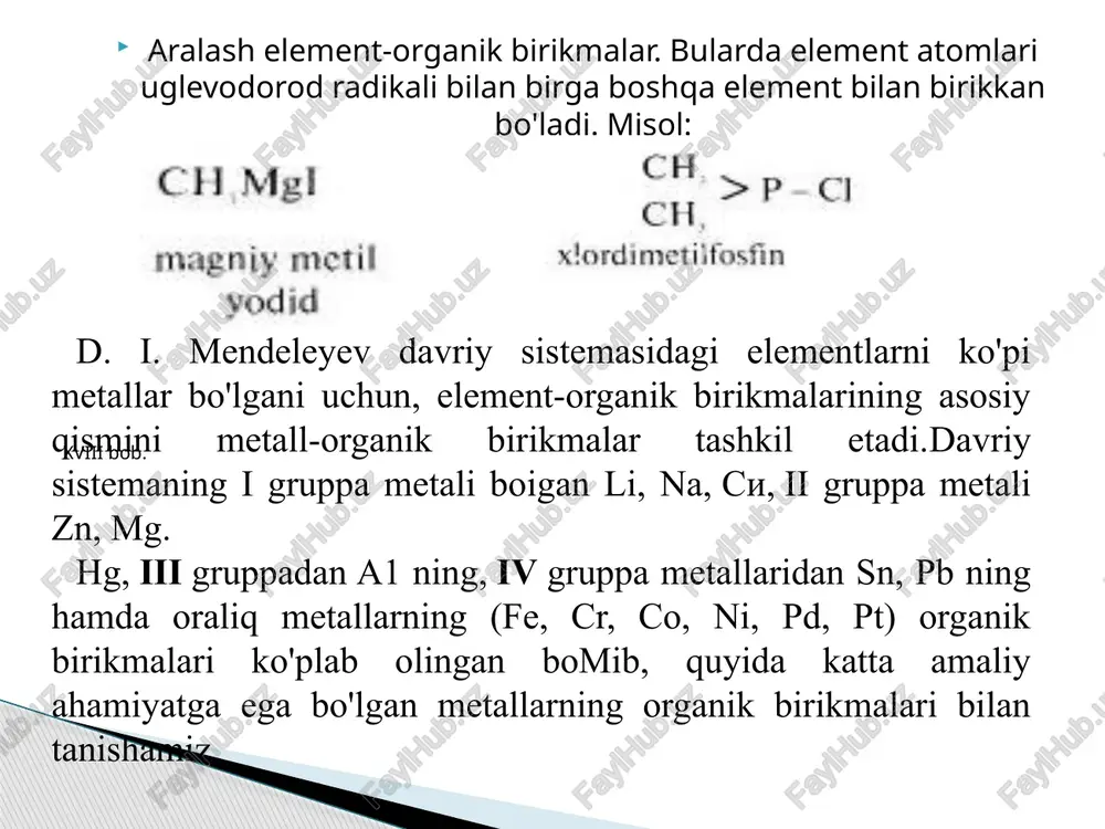 larini parchalaydi. individual lob suv bilan shiddatli reaksiyaga kirishadi. bu reaksiyadan uglevodorodlar tarkibidagi kam miqdordagi suvni aniqlashda foydalaniladi. c2h5li + h2o  lioh + c2h6 lobni d2o ta’sirida parchalash organik molekula tarkibiga deyteriy kiritishning qulay usulidir: loblar galogenlar bilan eritmada rhal va lihal, yuqori bosim ostida h2 bilan qaytarilganda – rh va lih hosil qiladi. alkli oddiy efirlar bilan ta’sirlashganda alkh, alkoli va olefinlarga aylanadi. lob tgf bilan gidrolizdan so’ng r(ch2)4oh olinadi. past haroratda co rli bilan ketonlar r2co, xona haroratida esa murakkab aralashma hosil qiladi, undan co2 bilan gidrolizdan so’ng rcooh olinadi. formaldegid rli bilan (reaksiya mahsulotining gidrolizidan keyin) birlamchi spirtlar, boshqa aldegidlar bilan – ikkilamchi spirt, keton va murakkab efirlar bilan – uchlamchi spirtlar hosil qiladi. grinyar reaktivlariga nisbatan lob fazoviy tuzilishi murakkab spirtlarni sintez qilishda ustunlikka ega. xuddi shunday reaksiyalarni c=s guruhi saqlagan birikmalar bilan olib borilganda yuqoridagilardan farq qilib, li uglerod atomiga birikadi: allil va propargilgalogenidlarga …