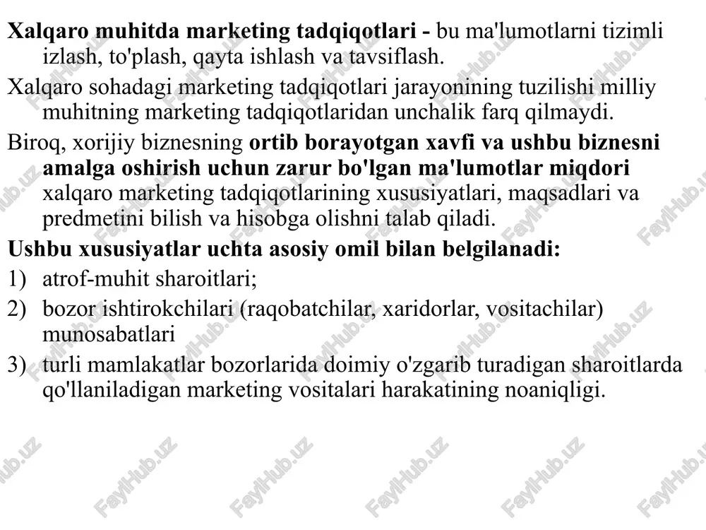 a tadqiqotlar - muhit, talab, raqobat va vositachilarni tahlil qilish. 3. testlar. biznes siyosatini ishlab chiqish va doimiy takomillashtirish ehtimoliy prognozlarga asoslangan qarorlardan iborat 4. maxsus tadqiqotlar. korxonaning foydali va uzoq muddatli xalqaro rivojlanishining yo'li xorijiy filiallarni yaratishdir. bundan tashqari, bu marketing texnologiyasini rivojlantirishning ajralmas shartidir. boshqa tashqi iqtisodiy faoliyat turlari singari , filiallarni tashkil etish quyidagi sohalarda dastlabki ma'lumotlarni to'plashni talab qiladi: kompaniya huquqi, soliq, ijtimoiy huquq; mahalliy hokimiyat organlari bilan munosabatlarning tabiati; xorijiy sho''ba korxonalarni tashkil etishda mumkin bo'lgan cheklovlar va ulardan himoya qilishning tavsiya etilgan vositalari (ayniqsa, mahalliy firmalar bilan birlashmalar tashkil etish orqali); mehnat bozori va xodimlarni boshqarishning o'ziga xos xususiyatlari; filiallarni tashkil etishda foydalanish mumkin bo'lgan mahalliy yoki xalqaro moliya institutlari va resurslari; sanoat yoki savdo birlashmalarini yaratish imkoniyati va boshqalar. xalqaro marketing tadqiqotlarini o'tkazish amaliyoti xalqaro savdo palatasi (icc) va jamoatchilik fikri va marketingini o'rganish bo'yicha evropa jamiyati (esomar) tomonidan qabul qilingan xalqaro kodeksni …