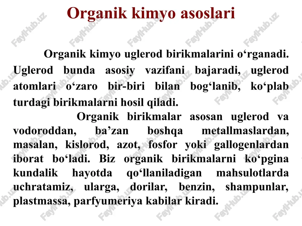 tabiatli radikal bilan oddiy bog’lar orqali bog’langan kislorod atomini (-o-) saqlaydi. efirlar suv va spirtlar kabi burchakli strukturaga ega bo’lib, suvdagi ikki vodorod atomlari uglreod gruppalari bilan almashingan. efirlar tibbiyotda anestetik moddalar sifatida ishlatiladi dimetil efir aldegidlar va ketonlar tarkibida karbonil guruhini tutuvhi moddalar aldegidlar va ketonlar deb nomlanadi aldegid keton farmaldegid formaldegid bug’lari ko’z, burun va yuqori nafas olish yollariga qozg’atuvchi ta’sir ko’rsatib, toshma, bosh og’rig’i, bosh aylanishi va umuiy holsizlik keltirib chiqadi. formaldegid, rangsiz, o’tkir qo’lansa hidli oddiy aldegiddir. uning 40%li eritmasi formalin deb ataladi. formalin eritmasi tibbiyotda bakteristid vosita sifatida va biologik preparatlarni saqlashda ishlatiladi.. * atseton atseton lak-bo’yoq sanoatida erituvchi sifatida ishlatiladi va organizmda patologik holatlarda hosil bo’ladi atseton juda tez yonadi, shuning uchun undan foydalanayotganda ehtiyot bo’lish kerak. organizmda atseton nazoratsiz diabetda, ochlikda, oqsil miqdori ko’p bo’lgan ovqatlar istemol qilinganda, katta miqdordagi yog’lar energiya ishlab chiqarganda hosil bo’ladi. bioorganik kimyoning vazifalari : biologik faol moddalarning …