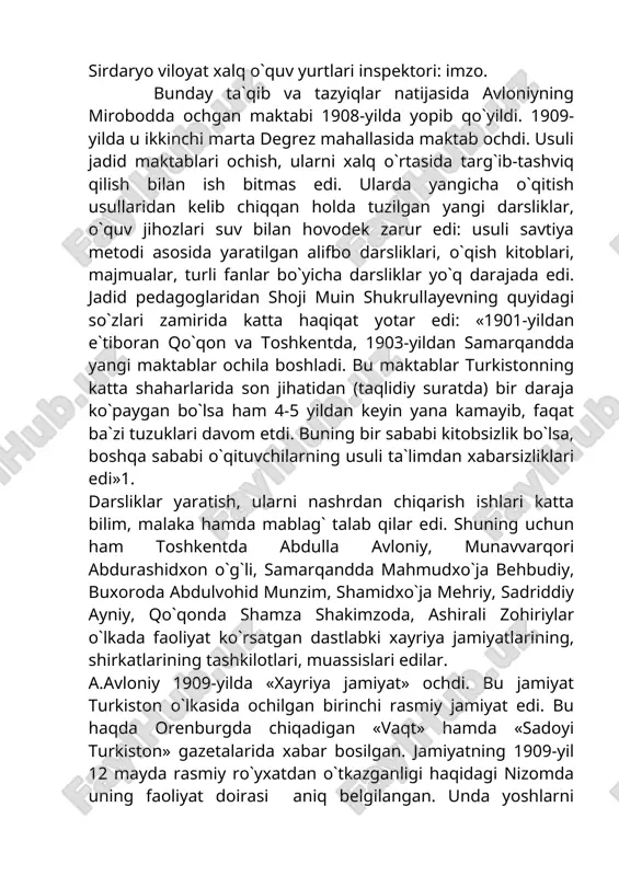 at yotar edi: «1901-yildan e`tiboran qo`qon va toshkentda, 1903-yildan samarqandda yangi maktablar ochila boshladi. bu maktablar turkistonning katta shaharlarida son jihatidan (taqlidiy suratda) bir daraja ko`paygan bo`lsa ham 4-5 yildan keyin yana kamayib, faqat ba`zi tuzuklari davom etdi. buning bir sababi kitobsizlik bo`lsa, boshqa sababi o`qituvchilarning usuli ta`limdan xabarsizliklari edi»1. darsliklar yaratish, ularni nashrdan chiqarish ishlari katta bilim, malaka hamda mablag` talab qilar edi. shuning uchun ham toshkentda abdulla avloniy, munavvarqori abdurashidxon o`g`li, samarqandda mahmudxo`ja behbudiy, buxoroda abdulvohid munzim, shamidxo`ja mehriy, sadriddiy ayniy, qo`qonda shamza shakimzoda, ashirali zohiriylar o`lkada faoliyat ko`rsatgan dastlabki xayriya jamiyatlarining, shirkatlarining tashkilotlari, muassislari edilar. a.avloniy 1909-yilda «xayriya jamiyat» ochdi. bu jamiyat turkiston o`lkasida ochilgan birinchi rasmiy jamiyat edi. bu haqda orenburgda chiqadigan «vaqt» hamda «sadoyi turkiston» gazetalarida xabar bosilgan. jamiyatning 1909-yil 12 mayda rasmiy ro`yxatdan o`tkazganligi haqidagi nizomda uning faoliyat doirasi aniq belgilangan. unda yoshlarni o`qitish, iqtidorli yoshlarni taraqqiyot etgan chet el oliy o`quv yurtlariga yuborish, …