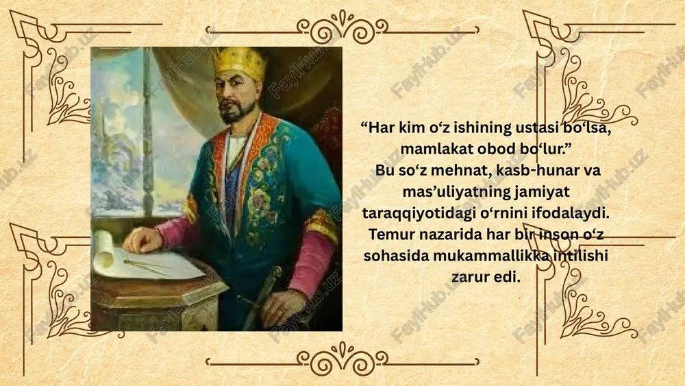 ishlagan. bu markazda forobiy, ibn sino, umar xayyom, beruniy, nizomiy kabi buyuk allomalarning asarlari qayta ko‘chirilib, tarjima qilingan. shu bilan birga, arab, fors, turkiy va yunon tillaridan ilmiy tarjimalar keng yo‘lga qo‘yilgan. bu ilmiy muhit keyinchalik hindistondagi boburiylar saroyi orqali yevropaga ham ta’sir ko‘rsatgan. temuriylar davri ilm-fan tarixida sharq uyg‘onishining cho‘qqisi sifatida qadrlanadi. bu davrda: ilm amaliy hayot bilan bog‘landi, xalqning ma’naviy darajasi oshdi, ilmiy maktablar, rasadxona va madrasalar xalqaro markazga aylandi, temuriylar siyosiy hokimiyatni ma’rifat va ilm bilan uyg‘unlashtirishni uddaladi. bugungi o‘zbekiston ilmiy an’analari, ayniqsa samarqand ilmiy merosi, aynan o‘sha temuriylar zamonidagi buyuk uyg‘onishning bevosita davomidir. thank you image1.jpeg image2.png image3.svg image4.png image5.svg image6.png image7.svg image8.png image9.png image10.png image11.png image12.png image13.png image14.png image15.png /docprops/thumbnail.jpeg