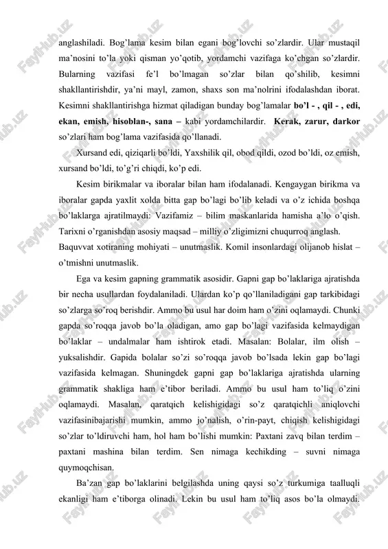 chisan. ba’zan gap bo’laklarini belgilashda uning qaysi so’z turkumiga taalluqli ekanligi ham e’tiborga olinadi. lekin bu usul ham to’liq asos bo’la olmaydi. chunki biror bo’lak aynan bir so’z turkumi bilan har doim ham ifodalanavermaydi. shuning uchun gapni gap bo’laklariga ajratishda tobe aloqa asosiy vositadir. ega quyidagi so’z turkumlari bilan ifodalanadi: yo’lchi o’rnidan turdi. mard maydondda bilinar. to’qqiz uchga kasrsiz bo’linadi. men mnstitutda o’qiyman. tirishgan tog’dan oshar. so’zlagandan so’zlamagan yaxshiroq. taraq-turuq o’zgarishsiz davom etadi. uzoqdan yosh bolaning dod-voyi eshitildi. burgaga achchiq qilib kurpani kuydirish sizga yarashmaydi. “edi” – to’liqsiz fe’l. “a” – unli tovush. extiyot bo’ling, tag’in ketidan “lekin”i chiqib qolmasin. masalan: 1. korxona ilg’orlariga mukofotlar topshirildi. 2. sport zalida bolalar badantarbiya bilan shug’ullanadilar. 3. o’tkazilgan sayr sizda qanday taassurot qoldirdi? 4. sinfingizda kimlar o’qish va intizomda boshqa o’quvchilarga namuna bo’lmoqda? 5. bolalar, gullarni parvarish qilib tkring. 6. o’quvchilar uzrsiz dars qoldirmang. biz gap yordamida biror narsa haqida xabar beramiz, so’raymiz, …