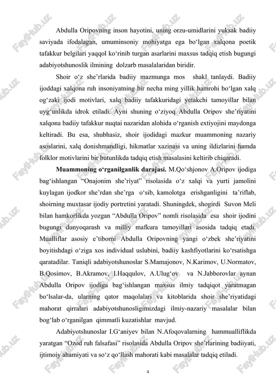 riy asosini belgilashda milliy istiqlol g‘oyasi, prezident islom karimovning milliy va umuminsoniy qadriyatlar mushtarakligi haqidagi fikrlari, aristotel, gegel, v.g.belinskiy, a.f.losev, m.baxtin va boshqa mutafakkirlarning badiiy ijod poetikasi haqidagi metodologik ahamiyatga molik fikr-mulohazalariga tayanildi. shuningdek, izzat sulton, o.sharafiddinov m.qo‘shjonov, n.karimov, b.nazarov, p.qodirov, u.normatov, i.g‘afurov, a.rasulov, b.akramov, b.sarimsoqov, i.haqqul, n.rahimjonov, suvon meli, a.ulug‘ov kabi o‘zbek olimlarining badiiy adabiyotning poetik mohiyati, badiiy so‘z estetikasi masalalariga bag‘ishlangan asarlaridagi fikrlari tadqiqot uchun ilmiy-nazariy asos vazifasini o‘tadi. tadqiqot badiiy tahlil, qiyosiy-tipologik va tarixiy-qiyosiy tadqiq usullari asosida amalga oshirildi. himoyaga olib chiqilayotgan asosiy holatlar: 1. shoir she’rlarida, ayniqsa, to‘rtliklarida xalqimiz yaratgan maqol, matal, aforizm kabi hikmatli iboralar – paremalarga juda yaqin bo‘lgan falsafiy mohiyat, xalqona donolik mujassamdir. 2. shoir she’rlarida qo‘llanilgan poetik so‘zlar, frazeologizmlarning mikroanalitik tahlilida ularning xalq donishmandligi va xalqona iboralar mohiyatidan kelib chiqqani ma’lum bo‘ladi. 3. abdulla oripov she’riyatida xalqona ruh ifodasi bo‘lgan ona tiliga ehtirom estetik tamoyil darajasiga ko‘tarilgan va u shoir she’riyati milliyligini …