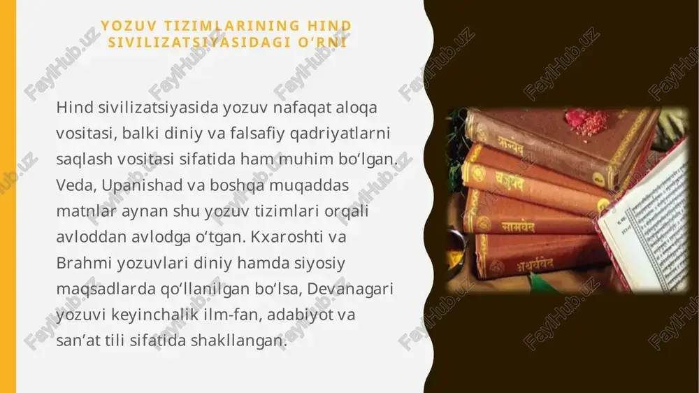 ozuvi esa brahmi edi. bu farmonlar axloqiy tamoyillar, diniy bag‘rikenglik va buddaviylik g‘oyalarini targ‘ib qilgan. brahmi yozuvidagi harf tizimi va xususiyatlari brahmi yozuvi bo‘g‘inli (silabik) yozuv tizimi bo‘lib, unda har bir belgida undosh + unli birikmasi ifodalangan. u chapdan o‘ngga qarab yozilgan, bu jihati bilan kxaroshtidan farq qiladi. brahmi yozuvi 33 ta undosh va 12 ta unli belgidan iborat bo‘lgan. harflar soddaligi va o‘qilishi qulayligi tufayli u keng tarqalgan. rasm tavsiyasi: brahmi alifbosi jadvali (harflar va ularning talaffuzi bilan). brahmi yozuvining tarqalishi va ta’siri brahmi yozuvi hindiston bilan birga janubi-sharqiy osiyoga ham tarqaldi. udan devanagari, tamil, sinhala, tibet, birma (myanmar), kxmer, laos kabi ko‘plab yozuv tizimlari rivojlandi. demak, brahmi nafaqat hindiston, balki butun osiyo sivilizatsiyasi uchun yozuv asosini yaratgan buyuk madaniy merosdir. rasm tavsiyasi: osiyo yozuvlari daraxti (brahmidan kelib chiqqan tizimlar bilan). yozuv tizimlarining madaniy va ilmiy ahamiyati kxaroshti, brahmi va devanagari yozuvlari faqat yozma madaniyat vositasi emas, balki qadimgi …