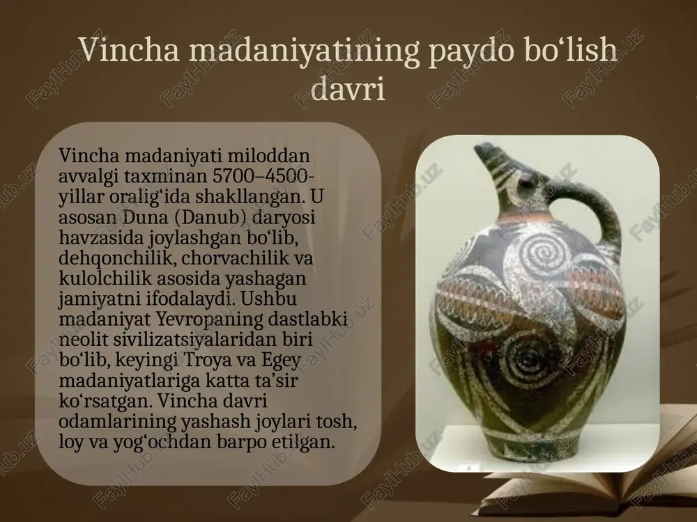 arda uyning ichida yoki o‘choq yaqinida dafn marosimlari o‘tkazilgan. qabrlar yoniga idishlar, taqinchoqlar, mehnat qurollari qo‘yilgan — bu o‘limdan keyingi hayotga ishonchni bildiradi. marosimlarda olov va hayvon qurbonliklari ishlatilgan. ushbu urf-odatlar vincha xalqining ruhiy va diniy dunyoqarashini yaqqol ifoda etadi. iqtisodiy tizim vincha madaniyati aholisi asosan dehqonchilik, chorvachilik va hunarmandchilik bilan shug‘ullangan. ular bug‘doy, arpa, no‘xat, yasmiq ekib, qoramol, qo‘y va cho‘chqa boqishgan. qishloq xo‘jaligida tosh va suyakdan yasalgan mehnat qurollaridan foydalanganlar. savdo almashinuvi orqali metall, sopol buyumlar va oziq-ovqat mahsulotlari tarqalgan. shu bilan vincha iqtisodiy hayoti mustahkam va barqaror tizim sifatida shakllangan. vincha madaniyatida san’atning o‘rni vincha madaniyatida san’at jamiyatning estetik qarashlari va diniy e’tiqodlari bilan chambarchas bog‘liq bo‘lgan. kulolchilik buyumlari, tosh va suyakdan ishlangan haykalchalar yuqori badiiy mahorat bilan yaratilgan. ayniqsa, ayol siymosidagi haykalchalar unumdorlik va ona tabiat ramzi sifatida hurmat qilingan. geometrik naqshlar va hayvon tasvirlari orqali inson va tabiat uyg‘unligi aks ettirilgan. kulolchilik va hunarmandchilikning rivoji …