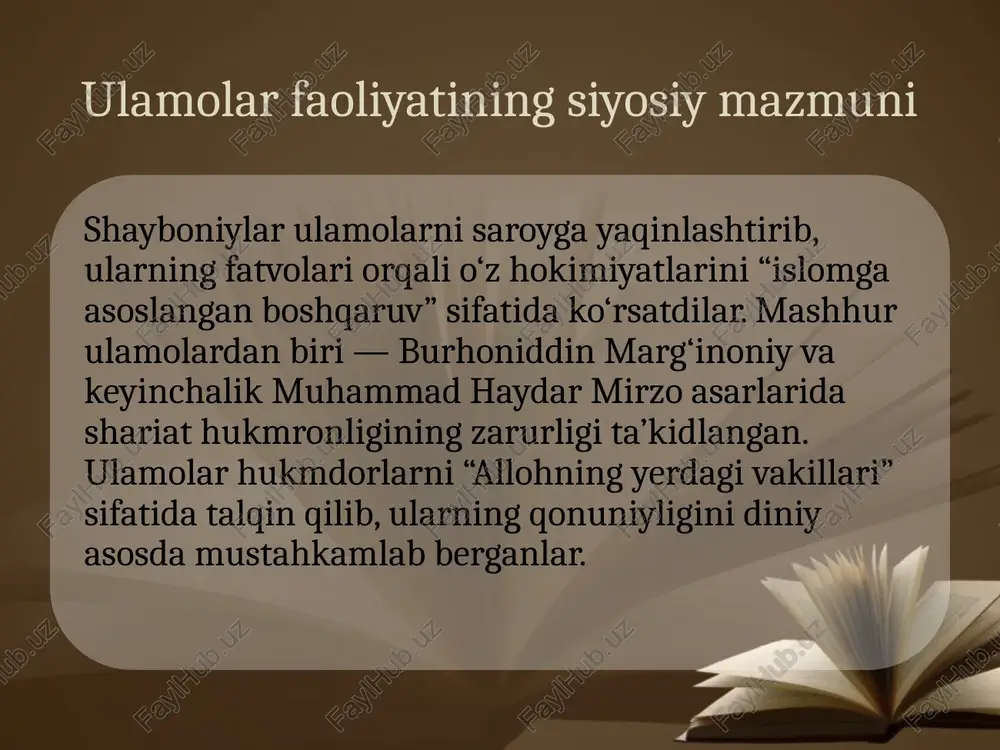 tining yuragi” deb atalgan. bu jarayon keyingi ashtarxoniylar davriga ham zamin yaratdi. shariat qonunlarining amaliyotga tatbiqi shayboniylar hukmdorlari davrida shariat qonunlari davlat qonunchiligi darajasiga ko‘tarildi. jinoyat, nikoh, meros va savdo-sotiq kabi masalalar islomiy huquq asosida hal qilindi. ulamolar tomonidan yozilgan fatvo va risolalar sud ishlarida asosiy hujjat sifatida qo‘llanildi. bu tizim adolat tamoyillarini mustahkamlab, davlat boshqaruvida diniy huquqning o‘rnini kuchaytirdi. diniy-ma’rifiy merosning jamiyatga ta’siri shayboniylar davrida diniy-ma’rifiy asarlar ko‘paydi. ulamolar islom huquqi, axloq va falsafaga oid risolalar yozib, xalqni diniy-ma’naviy tarbiyalashda faol bo‘ldilar. bu davrda yozilgan asarlar, masalan, “fatavoyi shayboniy”, “risola fi-l-fiqh” kabi manbalar, keyingi asrlar diniy tafakkurining shakllanishiga katta hissa qo‘shdi. shu tariqa, shayboniylar davrida din va ilm uyg‘unlashgan madaniyat shakllandi. diniy legitimlik orqali siyosiy barqarorlik shayboniylar davrida hokimiyatning diniy asosda mustahkamlanishi mamlakatda siyosiy barqarorlikni ta’minladi. ulamolarning fatvolari, masjid va madrasalar faoliyati xalq orasida hukmdorlikning qonuniyligini mustahkamladi. din va siyosat uyg‘unligi natijasida ijtimoiy tartib saqlanib, ichki ziddiyatlar kamaydi. bu …