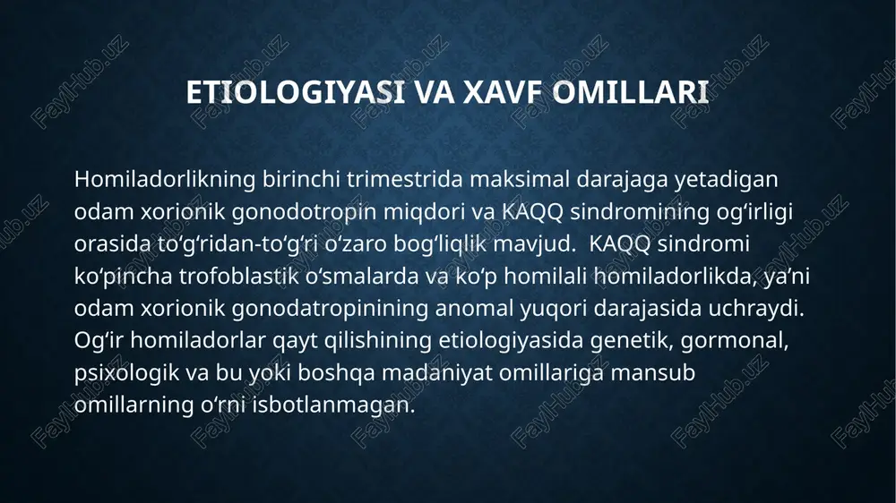 oimiy qusish peroral dori vositalarini so‘rilmasligiga olib kelishi mumkin, demak, vena ichiga, to‘g‘ri ichakka, teri ostiga yoki mushak ichiga yuborilishi samaraliroq hisoblanadi.  kortikosteroidlar: doimiy xaddan tashqari qusishi bo‘lgan homiladorlar holatining keskin va tez yaxshilanishiga olib keladi. gidrokortizon 100 mg kuniga 2 marta vena ichiga yuborilishi tavsiya etiladi. klinik natijaga erishilgandan so‘ng sutkasida 40-50 mg prednizolonga o‘tiladi va doza miqdori umumiy ahvolini nazoratda ushlab turadigan darajada sekin asta, eng past ushlab turuvchi doza miqdorigacha pasaytirib boriladi. ko‘p holatlarda prednizolonga bo‘lgan extiyoj homiladorlarni qusish mavjudligi muddati tugashiga qadar va ayrim holatlarda tug‘ruqqacha davom etadi.  proton nasosining ingibitorlari gastrit, ezofagit yoki oshqozon- qizilo‘ngach refluksi mavjud ayollarda ishlatilishi mumkin. qaytalanuvchi, boshqarib bo‘lmaydigan qusish gastrit, ezofagit yoki oshqozon- qizilo‘ngach refluksiga olib kelishi mumkin. proton nasosining ingibitorlari bilan sinovli davolash va oldini olishda ishlatilishi mumkin, ular homiladorlik vaqtida xavfsiz hisoblanadi.  tiamin parenteral oziqlantirish yoki dekstroza yuborilishdan oldin barcha uzoq muddat davomida qusgan homiladorlarga …