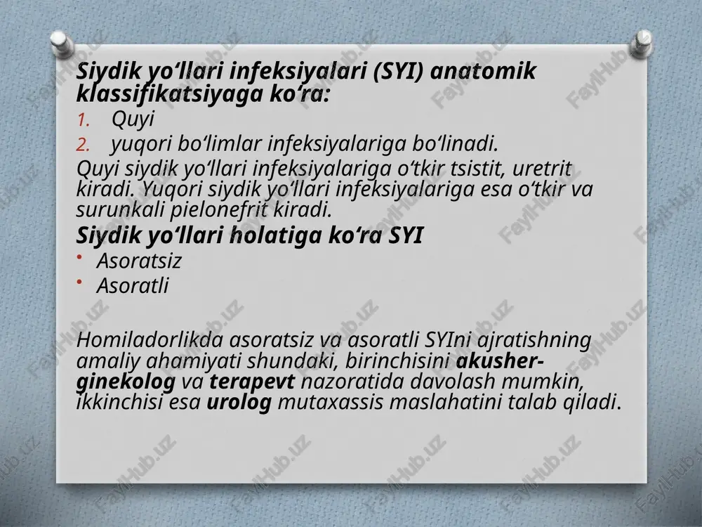 chi belgilar — gematuriya va silindruriya. bir yil yoki undan ortiq vaqt oldin to‘liq davolangan o‘tkir glomerulonefrit homiladorlik va homila holatiga salbiy ta’sir ko‘rsatmaydi. agar bir yil ichida o‘tkir glomerulonefrit to‘liq tuzalmagan bo‘lsa, u surunkaliga o‘tgan hisoblanadi. klinik ko‘rinishi: yashirin shakl — homiladorlarning ko‘pida uchraydi, belgilari: doimiy gematuriya, yengil proteinuriya va boshqa simptomlarning deyarli yo‘qligi. nefrotik shakl — kuchli shishlar, proteinuriya, gipoproteinemiya, qonda xolesterin darajasining yuqoriligi bilan kechadi. gipertonik shakl — kamroq uchraydi, belgilari: yuqori arterial bosim va o‘rtacha siydik sindromi. aralash shakl — simptomlarning turlicha kombinatsiyasi bilan tavsiflanadi. diagnostika: anamnez, ob’ektiv va laborator tekshiruvlarga asoslanadi. siydik cho‘kmasida eritrotsitlar, silindrlar, leykotsitlar aniqlanadi; eritrotsitlar soni leykotsitlardan ko‘p bo‘ladi. buyrakning konsentratsiya qobiliyati pasayadi — izostenuriya kuzatiladi. glomerulyar filtrlatsiya darajasi normaga nisbatan 40–50% kamayadi. qonda gipoproteinemiya, disproteinemiya, fibrinogen va xolesterin darajasi oshishi kuzatiladi. glomerulonefritda, shuningdek, buyraklarda eritropoetin ishlab chiqarilishi kamaygani tufayli normoxrom anemiya rivojlanadi. surunkali buyrak yetishmovchiligi (sby) kreatinin ≥ 200 mkmol/l homiladorlikdan …