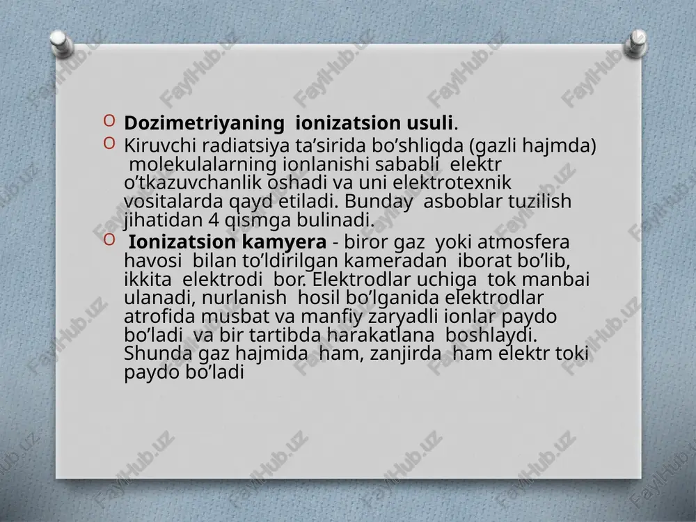 pereklyuchatel holati «x0,1»); asbobning og’irligi 2kg, bir joydan ikkinchi joyga maxsus yashikka joylab olib yuriladi. asbob quyidagicha ishlatiladi: o’lchashga kirishishdan oldin elektr toki manbai bilan ta’minlash tartibi moslanadi, buning uchun poddiapozonlar pereklyuchateli qora uchburchakka qo’yiladi. mikroampermetr stelkasi yoysimon chizilgan sektorning o’rtasiga kelishi kerak. agar strelka ushbu holatni egallamasa, quruq element (batareya) almashtiriladi. keyin asbobning poddiapozonlarda ishlashi tekshiriladi, 8-rasm. buning uchun asbob ishga tushiriladi, zond ekrani «k» holatiga qo’yiladi (radioaktiv moda strontsiy zonddagi teshikka to’g’ri keladi) va poddiapozon pereklyuchateli 200x1000, x100, x1, x0,1 holatiga qo’yiladi. birinchi va ikkinchi poddiapozonlarda mikroampermetr strelkasi qimirlamasligi kerak, x10 holatida strelka 2-3 da to’xtashi (yuqori shkala bo’yicha) kerak, x1 va x0,1 holatlarida mikroampermetr strelkasi oxirigacha o’ngga og’ishi kerak. telefonda birinchi poddiapozondan tashqari hamma poddiapozonlarda tovush eshitilishi mumkin. beta preparatining (stronsiy preparati) faolligi susayib qolgan bo’lsa, x100 va x1000 poddiapozonlarida strelka og’masligi mumkin. shaxsiy dozimetrlar va nurlanish dozasini nazorat qilish. nurlanish dozasi va nur kasalligining og’ir yoki …