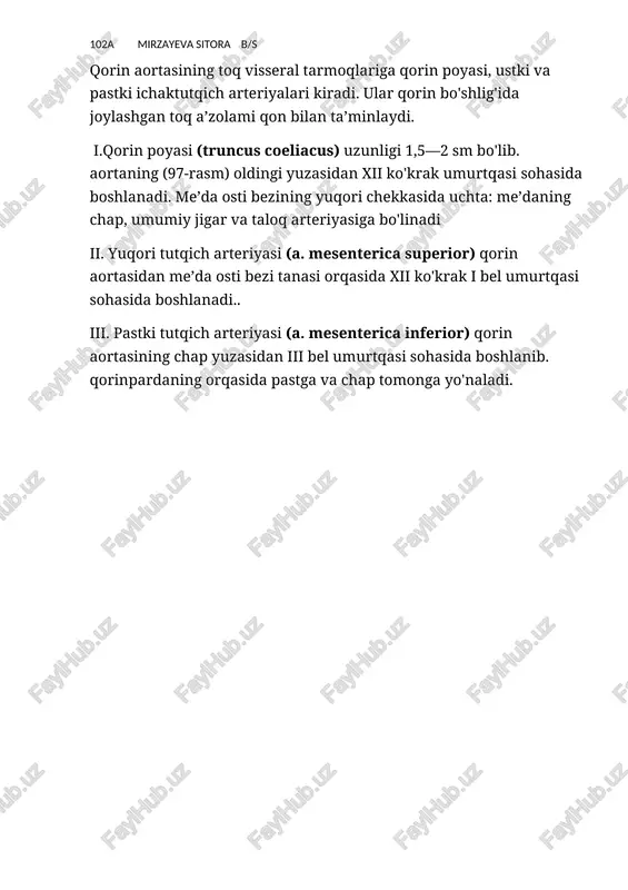 arteriyasi (a. mesenterica superior) qorin aortasidan me’da osti bezi tanasi orqasida xii ko'krak i bel umurtqasi sohasida boshlanadi.. iii. pastki tutqich arteriyasi (a. mesenterica inferior) qorin aortasining chap yuzasidan iii bel umurtqasi sohasida boshlanib. qorinpardaning orqasida pastga va chap tomonga yo'naladi.
