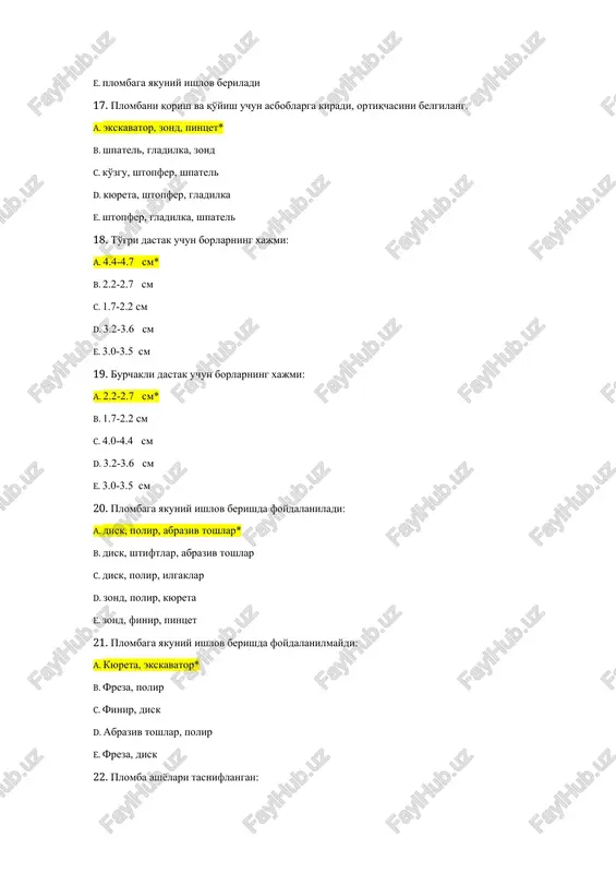 v sinf karies kovagini asosiy joylashadiganyuzasi: a. vestibulyar* b. til c. kontakt d. tanglay e. chaynov 41. blek bo'yicha v sinf karies kovagi bo'lib hisoblanadi: a. barcha guruh tishlarning bo'yin oldi sohasi* b. molyar va premolyar tishlarning kontakt yuzalarida c. barcha gurux tishlardagi tabiiy fissura va chuqurliklarda d. kurak va qoziq tishlarning kontakt yuzasi, kesuv burchagining buzulishi bilan e. kurak va qoziq tishlarning kontakt yuzasi, kesuv burchagi zararlanmagan holda 42. 11 tishni kontakt yuzasini bo'yin oldi sohasida joylashgan karies kovak blek tasnifi bo'yicha qaysi sinfga mansub? a. iii* b. ii c. iv d. v e. vi 43. polikarboksilat tsementlarni ko'rsating: f. belakor * g. tsemion h. unetsem i. belatsin j. adgezor 44. misli amalgamaning salbiy xususiyatlari : f. tish to'qimasini rangini o'zgartiradi* g. yuqori qattiqlikka ega h. tish to'qimasini rangini o'zgartirmaydi. i. plastiklik xusuiyati yaxshi j. adgezivlik xususiyati yaxshi. 45. karies bu: a. tish qattiq to'qimalarining demineralizatsiyasi va yumshashi, hamda …