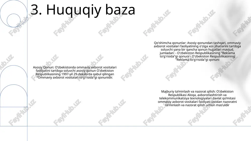 rni boshdan kechirmoqda, davlat ommaviy axborot vositalari bilan bir qatorda mustaqil ommaviy axborot vositalari ham ko‘paymoqda. hukumat ommaviy axborot vositalari ustidan nazoratni saqlab qolishda davom etmoqda, ammo so'z erkinligini oshirish uchun bosim kuchaymoqda. 9. o'yin-kulgi va madaniyat oʻzbekistonda reklama: oʻzbekistonda reklama reklama beruvchilar, reklama agentliklari va ommaviy axborot vositalarining huquq va majburiyatlarini belgilab beruvchi “reklama toʻgʻrisida”gi qonun bilan tartibga solinadi. o'zbekistonda marketing: o'zbekistonda marketing - qiyin, ammo foydali ish. mamlakat aholisi ko'p va o'sib bormoqda, ammo uning iqtisodiyoti hali ham rivojlanmoqda. natijada, sotuvchilar maqsadli auditoriyaga erishish uchun ijodiy va moslashuvchan bo'lishlari kerak. o'zbekistondagi media landshaft: o'zbekistondagi media landshaftda davlatga qarashli ommaviy axborot vositalari ustunlik qiladi. shunga qaramay, mustaqil ommaviy axborot vositalarining soni ortib bormoqda, ular mamlakat yangiliklari va voqealarini yanada rang-barang va tanqidiy yoritmoqda. 10. reklama va marketing davlat xizmatlari e'lonlari (psa) ijtimoiy muammo yoki sababni targ'ib qilishga qaratilgan notijorat xabarlardir. ular odatda televidenie, radio yoki bosma ommaviy axborot vositalarida …