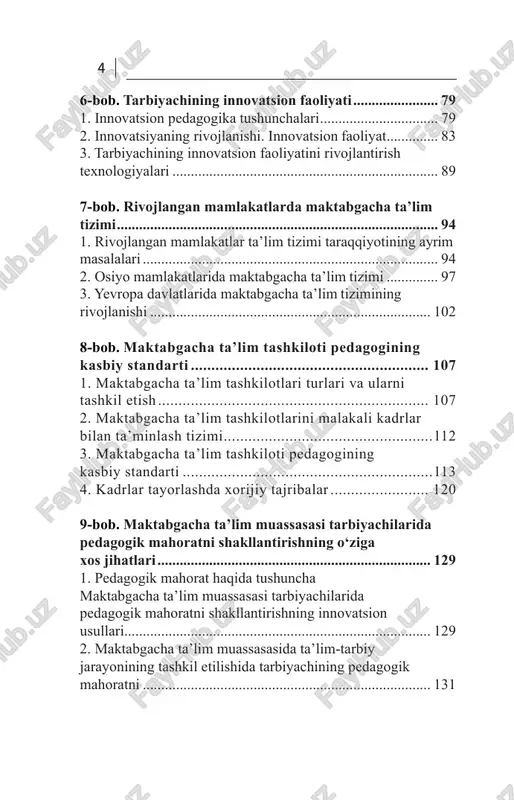 yondashuvi.... 137 1. maktabgacha ta’lim muassasalarida ma’naviy-ma’rifiy ishlarning tashkil etilishi........................................................ 137 2. ma’naviy-ma’rifiy ishlarni tashkil etishda tarbiyachiga qo‘yiladigan talabla................................................................ 139 3. bola shaxsini shakllantirishda zamonaviy tarbiya texnologiyalaridan foydalanish.............................................. 143 11-bob. tarbiyachi shaxsiga qo‘yiladigan talablar va tarbiyachi shaxsini tayorlash tizimi................................... 147 1. hozirgi zamon tarbiyachi shaxsining pedagogik faoliyati.147 2. tarbiyachi shaxsiga qo‘yiladigan talablar va tarbiyachi- pedagogni tayorlash tizimi.................................................... 149 3. tarbiyachining bolalar ruhiyti va fiziologiysini egallashi va bolalarning yosh xususiyatlarini bilishi................................. 152 12-bob. pedagog – tarbiyachining nutq madaniyti........... 157 1.tarbiyachi nutqining o‘ziga xos xususiyatlari.................... 157 2.tarbiyachi nutq madaniyatini rivojlantirish mexanizmlari.161 3.tarbiyachining nutq texnikasini egallash yo‘llari............... 164 13-bob. maktabgacha ta’lim muassasasi tarbiyachisining asosiy funksiyalari................................................................ 179 1.maktabgacha ta’lim muassasasi pedagogining kasbiy faoliyati.................................................................................. 179 2.tarbiyachining asosiy faoliyat funksiyalari........................ 181 3.tarbiyachining pedagogik faoliyatida yaratuvchanlik va ijodiylik.................................................................................. 182 14-bob. tarbiyachining muomala madaniyati.................. 187 1. muomala madaniyati......................................................... 187 2. sharq mutafakkirlari asarlarida sharqona muomala madaniyati haqida.................................................................. 192 3. b