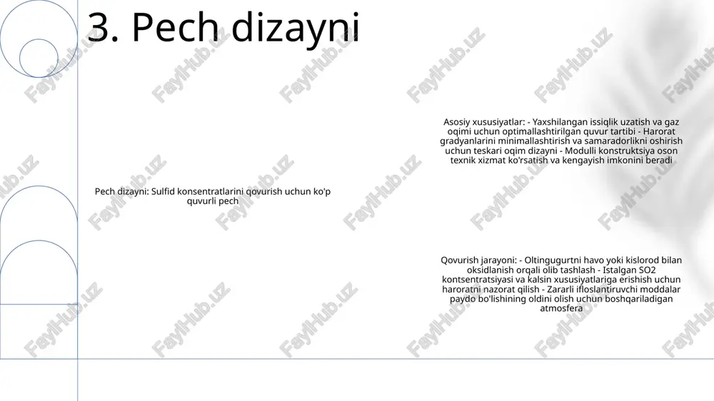 da ishlatiladi. 9. materiallarga ishlov berish sulfidli kontsentratni qovurishda suvni boshqarish: ko'p o'choqli pech - sovutish suvi qovurish paytida hosil bo'lgan issiqlikni tarqatish uchun o'choq ko'ylagi orqali aylanadi. - skrubber suvi chiqindi gazlardan oltingugurt dioksidi (so2) va boshqa ifloslantiruvchi moddalarni olib tashlaydi sulfidli kontsentratni qovurish uchun ko'p o'choqli pechka - qovurish silindrsimon o'choq ichidagi bir nechta o'choqlarda (gorizontal ofset platformalarida) amalga oshiriladi.- sulfid konsentratlari yuqori o'choqqa oziqlanadi va asta-sekin o'choq orqali tushadi sulfidli kontsentratlar uchun qovurish jarayoni- qovurish metall sulfidlarni metall oksidlariga aylantirib, oltingugurt dioksidini chiqaradi.- jarayon keyingi eritish operatsiyalarida metallni qayta tiklashni yaxshilaydi.- ko'p o'choqli pechlar qovurish sharoitlarini (harorat, gaz oqimi, yashash vaqti) nazorat qilishda moslashuvchanlikni ta'minlaydi 10. suvni boshqarish havoning ifloslanishi: oltingugurt dioksidi va zarrachalar chiqindilari qovurish jarayonida chiqariladigan asosiy havo ifloslantiruvchi moddalardir. ushbu ifloslantiruvchi moddalar nafas olish muammolari va kislotali yomg'irlarga hissa qo'shishi mumkin. suvning ifloslanishi: qovurish paytida hosil bo'lgan oqava suvlar og'ir metallar va boshqa ifloslantiruvchi …