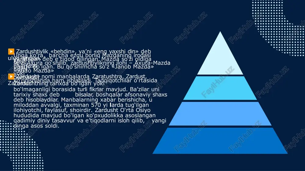 im, ayniqsa, «videvdot» qismiga o‘zgartirishlar kiritilib, qayta i shlangan.vii- viii asrlarda o‘rta osiyoga islom dini kelib, keng tarqalguniga qadar zardushtiylik mahalliy xalqlarning asosiy dini hisoblangan. hozirgi kunda dunyo miqyosida zardushtiylik e’tiqodi diniy jamoalari kamayib ketg an. ular hindistonning mumbay, gujarot shtatlarida (115.000ga yaqi n) va eronning ba’zi chekka viloyatlarida saqlanib qolganlar. eron isl om respublikasida zardushtiylik diniga e’tiqod qilish qonun tomonid an ruxsat etilgan. mumbayda zardushtiylarning madaniy markazi ko ma nomidagi institut faoliyat olib boradi. undan tashqari, mumbayd a homi dxalla raisligida dunyo zardushtiylari madaniyati fondi ishlab turibdi . zardushtiylikning asosiy manbasi va muqaddas kitobi hisoblanadi. u apastak, ovisto, ovusto, abisto, avasto kabi shakllarda ham ishlatib kelingan. avesto o‘rta osiyo, eron, ozarbayjon x alqlarining islomgacha davrdagi ijtimoiy-iqtisodiy hayoti, diniy qarashlari, olam to‘g‘risidagi tasavvurlari, urf- odatlari, ma’naviy madaniyatini o‘rganishda muhim va yagona manbadir. unin g tarkibidagi materiallar qariyb ikki ming yil davomida vujudga kelib, avlodda n-avlodga og‘zaki ravishda uzatilib kelingan. zardushtiylikning …