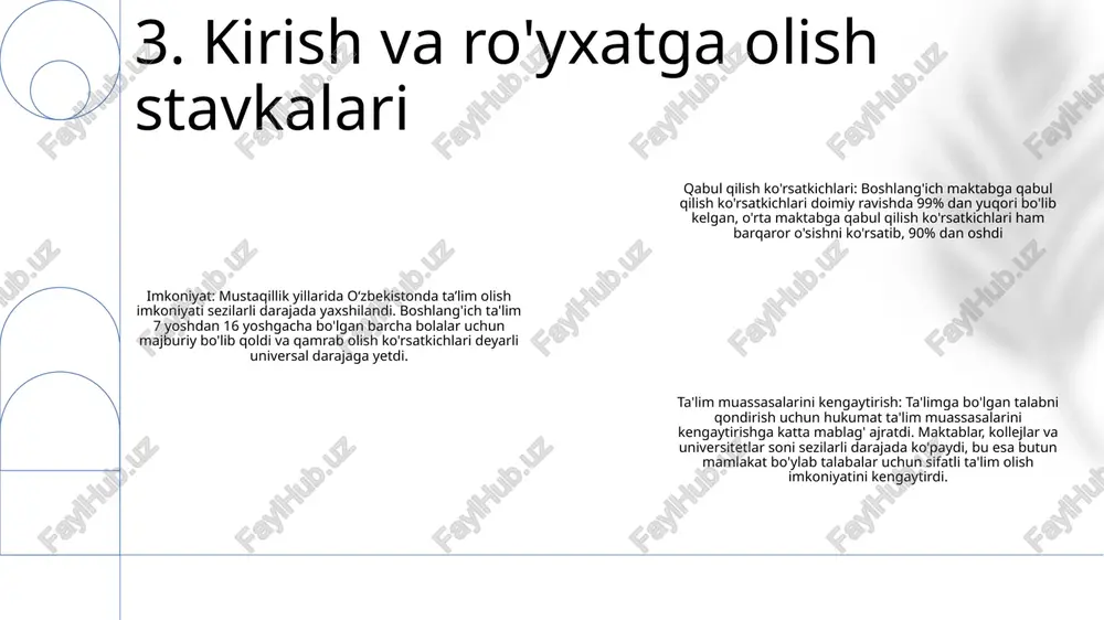 b chiqilgan bo'lib, talabalarga aniq kasblar bo'yicha amaliy ko'nikma va bilimlar beradi. oliy taʼlim: yangi universitetlarning tashkil etilishi va yuqori malakali mutaxassislarga oʻsib borayotgan talabni qondirish uchun oʻquv dasturlarini diversifikatsiya qilish bilan sezilarli darajada kengaytirildi. fan va innovatsiyalar: milliy muammolarni hal qilish va global bilim iqtisodiyotiga hissa qo'shish uchun innovatsion texnologiyalar va echimlarni yaratishga olib keladigan tadqiqot va ishlanmalarga e'tibor berish. 8. oliy ma'lumot 1. modernizatsiya: o‘zbekiston mehnat bozori talablariga javob beradigan texnik va kasb-hunar ta’limini modernizatsiya qilish, eng so‘nggi rusumdagi asbob-uskunalar va o‘quv dasturlarini joriy etishga katta miqdorda sarmoya kiritdi. 2. inklyuzivlik: teng imkoniyatlarni ta'minlash maqsadida hukumat marginal guruhlar, jumladan, ayollar, qishloq yoshlari va nogironlar uchun texnik va kasbiy ta'lim olish imkoniyatlarini kengaytirdi. 3. hamkorlik: o‘zbekistondagi texnik va kasb-hunar ta’limi muassasalari talabalar uchun amaliy mashg‘ulotlar va ishga joylashtirish imkoniyatlarini kengaytirish maqsadida soha yetakchilari, korxonalar va xalqaro tashkilotlar bilan hamkorlik aloqalarini o‘rnatgan. 9. texnik va kasbiy ta'lim huquqiy baza: o‘zbekistonda …
