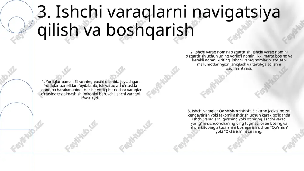 atish uchun excelning vba (ilovalar uchun visual basic) kabi o'rnatilgan avtomatlashtirish vositalaridan foydalaning. vba foydalanuvchilarga excel ichida maxsus funktsiyalar, skriptlar va ilovalarni dasturlash imkonini beradi. 3 samaradorlikni oshirish: makrolar va avtomatlashtirish ish jarayonlarini soddalashtiradi, xatolarni kamaytiradi va boshqa vazifalar uchun vaqtni bo'shatadi. takroriy jarayonlarni avtomatlashtirish orqali foydalanuvchilar ko'proq strategik va qo'shimcha qiymatli faoliyatga e'tibor berishlari mumkin. 8. makroslar va avtomatlashtirish haqiqiy vaqtda hamkorlik: excel bir nechta foydalanuvchilarga bir vaqtning o'zida bir ish kitobida ishlash imkonini beradi, bu uzluksiz hamkorlik va tezkor fikr-mulohazalarni ta'minlaydi. birgalikda ish kitoblari: umumiy ish kitoblari birgalikda tahrirlash va almashishni osonlashtiradi. foydalanuvchilar ma'lum shaxslarga ko'rish, tahrirlash yoki fikr bildirish kabi turli ruxsatnomalarni berishi mumkin. hammualliflik: hammualliflik bir nechta foydalanuvchilarga real vaqt rejimida bir ish kitobiga oʻzgartirishlar kiritish imkonini beradi. har bir foydalanuvchining oʻzgarishlari avtomatik ravishda saqlanadi va barcha hamkorlarga koʻrinadi. 9. hamkorlik va almashish microsoft excelning ko'p qirrali ilovalari: excelning xilma-xil xususiyatlari foydalanuvchilarga ma'lumotlarni manipulyatsiya qilish, vizualizatsiya …