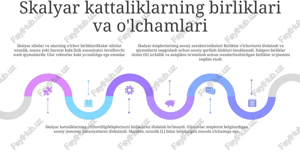 alan, harorat, massa va vaqt. skalyar kattaliklarga misollar add text add text add text add text add text add text skaler miqdorlar: ilovalar- yo'nalishi bo'lmagan xususiyatlarni tasvirlash uchun ishlatiladi, masalan: - xona harorati - avtomobil bosib o'tgan masofa - ob'ektning massasi skalyar kattaliklar: misollar- masofa- tezlik- massa- harorat- vaqt skalyar miqdorlar: asosiy xossalar- faqat kattalikka ega, yo‘nalishi yo‘q- to‘g‘ridan-to‘g‘ri qo‘shish va ayirish mumkin- skayarlarga (raqamlarga) ko‘paytirilishi yoki bo‘linishi mumkin. skalyar kattaliklarning qo‘llanilishi 01 02 03 massa: massa - bu ob'ektdagi moddalar miqdorini o'lchaydigan skalyar miqdor. odatda kilogrammda o'lchanadi. energiya: energiya - bu ish qobiliyatini o'lchaydigan skalyar miqdor. odatda u joul bilan o'lchanadi. vaqt: vaqt - bu hodisaning davomiyligini o'lchaydigan skalyar miqdor. odatda soniyalarda o'lchanadi. sales 1st qtr 2nd qtr 100 0 sales 1st qtr 2nd qtr 100 0 sales 1st qtr 2nd qtr 100 0 xulosa 1: skalyarlar faqat kattalikka ega va yo'nalishi bo'lmagan miqdorlardir. ular harorat, vaqt yoki massa …