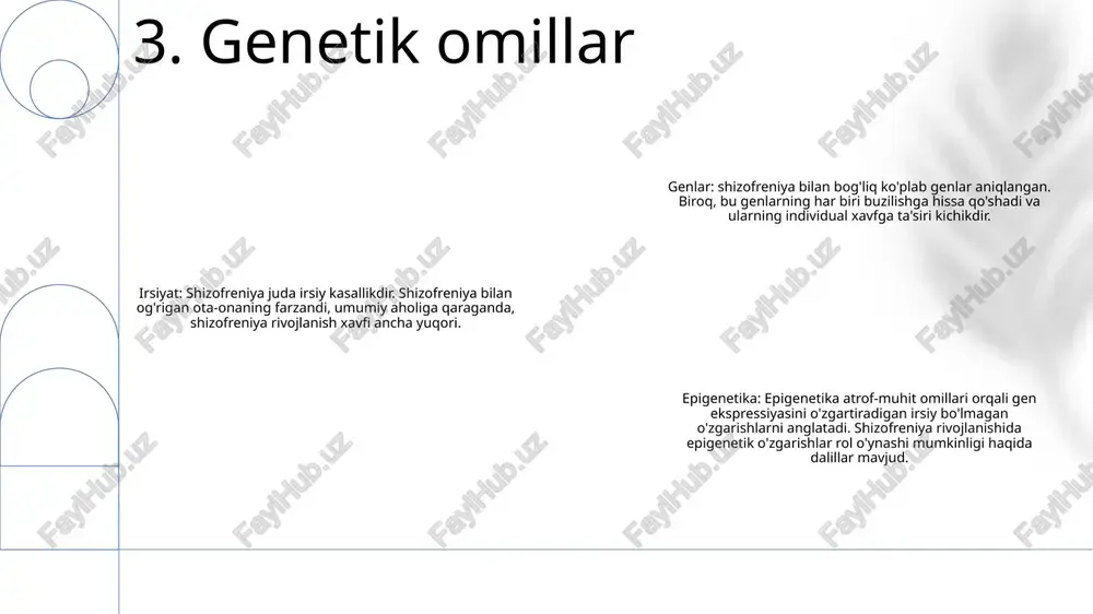 umkin. neyrokimyoviy o'zgarishlar: stress va travma miyadagi neyrokimyoviy muvozanatni buzishi mumkin. ushbu nomutanosiblik shizofreniyaga o'xshash alomatlar asosida yotadigan psixotik xususiyatlarga olib kelishi mumkin. bog'lanish bilan bog'liq muammolar: erta bolalikda xavfsiz qo'shimchalarni shakllantirish qobiliyatining buzilishi stressni engish va travma bilan kurashish qobiliyatini buzishi mumkin. bu shizofreniyaga o'xshash simptomlarni rivojlanish xavfini oshirishi mumkin. 9. stress va travma neyroyallig'lanish shizofreniya bilan bog'liq patofiziologiya: tadqiqotlar shuni ko'rsatadiki, neyroinflamasyon deb nomlanuvchi miyadagi yallig'lanish reaktsiyalari shizofreniya rivojlanishi va belgilariga yordam beradi. immun tizimining disregulyatsiyasi va shizofreniya: tadqiqotlar shizofreniya bilan og'rigan odamlarda immunitet tizimidagi anormalliklarni, shu jumladan yallig'lanish belgilarining ortishi va immunitet hujayralari funktsiyasining buzilishini aniqladi. shizofreniyani davolash uchun yallig'lanishga qarshi choralar: shizofreniyada neyroyallig'lanishning rolini hisobga olgan holda, tadqiqotchilar potentsial terapevtik yondashuvlar sifatida steroid bo'lmagan yallig'lanishga qarshi dorilar (nsaid) va immunomodulyatorlar kabi yallig'lanishga qarshi davolanishni o'rganmoqdalar. 10. neyro yallig'lanish etiologik omillar: shizofreniya genetik moyillik va atrof-muhit omillarining murakkab o'zaro ta'siridan kelib chiqadi. dopamin, serotonin va glutamat kabi …