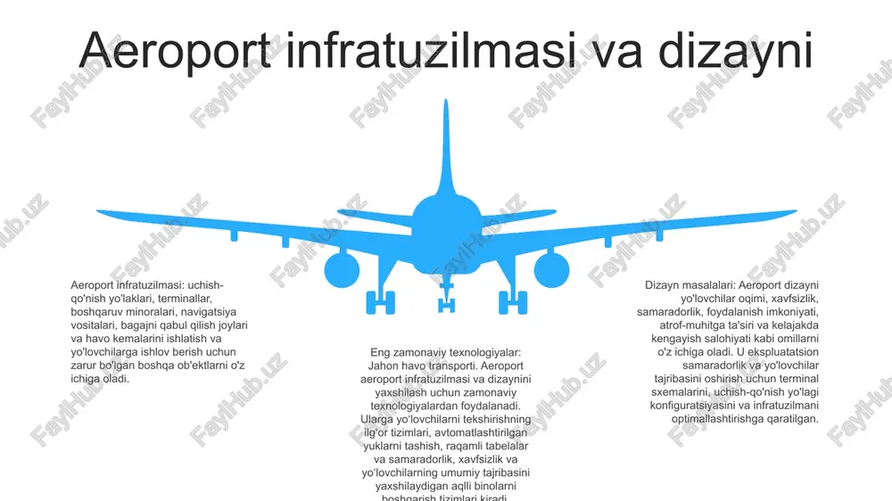 boshqa elektron qurilmalarni tekshirish uchun sumkalardan olib tashlash kerak. xulq-atvor va xavfsizlik:- xavfsizlik xodimlarining ko'rsatmalariga rioya qiling.- tekshirish jarayonida xotirjam bo'ling va hamkorlik qiling.- har qanday shubhali xatti-harakatlar yoki qarovsiz qoplar haqida aeroport xodimlariga xabar bering. aeroportlarning atrof-muhitga ta'siri havoning ifloslanishi: aeroportlar samolyot dvigatellari, erni qo'llab-quvvatlash uskunalari va transport vositalaridan chiqadigan chiqindilar orqali mahalliy va mintaqaviy havo ifloslanishiga hissa qo'shadi. uglerod chiqindilari: havo sayohatlari issiqxona gazlari emissiyasiga, birinchi navbatda, aviatsiya yoqilg'isining yonishi natijasida iqlim o'zgarishiga olib keladigan global isish va okeanlarning kislotalanishiga olib keladi. shovqinning ifloslanishi: tijorat samolyotlarining parvozi va qo'nishi sezilarli shovqin ifloslanishini keltirib chiqaradi, bu aeroportlar atrofidagi jamoalarga ta'sir qiladi. aeroportni rivojlantirish va kengaytirish uchish-qo‘nish yo‘lagini kengaytirish: aeroportning asosiy uchish-qo‘nish yo‘lagi 300 metrga uzaytirilib, 4000 metrga cho‘zildi, bu esa unga kattaroq samolyotlarni sig‘dirish va parvoz imkoniyatini oshirish imkonini berdi. terminalni kengaytirish: mavjud terminal bilan bir qatorda yangi terminal binosi qurildi, aeroportning yo'lovchilarga xizmat ko'rsatish quvvati ikki barobarga, yiliga …