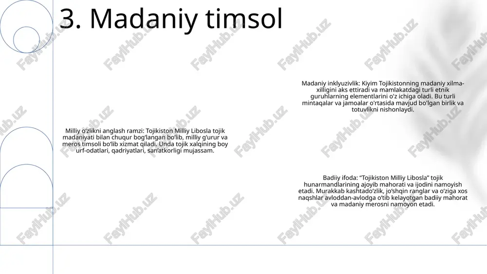 aqsh va dizaynlarni o'z ichiga olishi kerakligini belgilaydi. shuningdek, u tojikiston iqlimi va madaniy urf-odatlariga mos kelishi kerak. foydalanish va targ‘ibot: hukumat “tojikiston milliy libosla”dan foydalanishni faol ravishda targ‘ib qiladi va fuqarolarni maxsus kunlar va bayramlarda uni kiyishga undaydi. shuningdek, davlat xizmatchilari, talabalar, davlat korxonalari xodimlarining ayrim tadbirlarda milliy libosda yurishi majburiydir. 9. hukumat qoidalari parijdagi moda haftaligidagi debyut: tojikiston milliy libosla 2018-yilda parij moda haftaligida xalqaro debyutini o‘tkazdi va jahon moda sahnasida o‘zining noyob dizaynlari va an’anaviy hunarmandchiligini namoyish etdi. xalqaro brendlar bilan hamkorlik: brend dolce & gabbana va dior kabi mashhur xalqaro moda uylari bilan hamkorlik qilib, anʼanaviy tojik matolarini zamonaviy dizaynlar bilan uygʻunlashtirgan cheklangan nashrlar toʻplamini yaratdi. madaniy almashinuv va e'tirof: tojikiston milliy libosla xalqaro madaniy almashinuv dasturlarida faol ishtirok etib, hamkorlikni rivojlantirdi va tojik madaniyatining go'zalligini ta'kidladi. u anʼanaviy toʻqimachilik va hunarmandchilikni saqlash va targʻib qilish borasidagi saʼy-harakatlari uchun xalqaro tashkilotlar, jumladan, yunesko tomonidan eʼtirof etilgan. …
