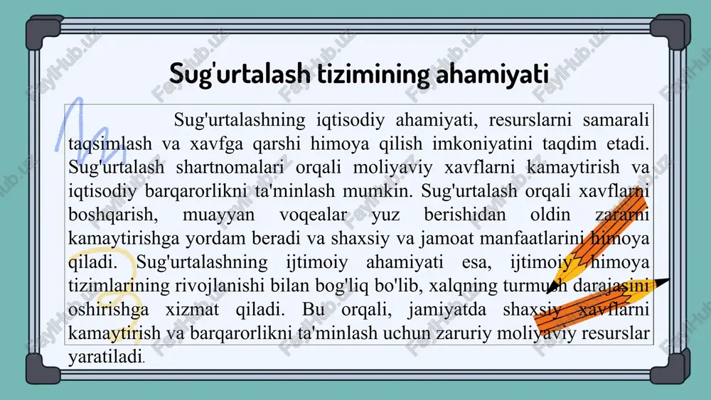 oniyatlarini belgilaydi. o'zbekistondagi yuridik shaxslar uchun sug'urtalashda muammolar: 1. sug'urtalash bozorining past rivojlanishi va raqobatning yo'qligi. 2. yuridik shaxslarning sug'urtaga nisbatan kam xabardorligi va mutaxassislar yetishmasligi. bu muammolar sug'urtalash jarayonlarini murakkablashtiradi. - swot tahlili: 1. kuchli tomonlar: yuridik shaxslarning tuzilganligi va ularning moliyaviy resurslari. 2. zaif tomonlar: sug'urtalash jarayoniga nisbatan past tushuncha va tajribasizlik. 3. imkoniyatlar: sug'urtalash bozorining rivojlanishi va yangi mahsulotlar yaratish imkoniyatlari. 4. tahdidlar: iqtisodiy beqarorlik va sug'urtalashda raqobatning kuchayishi. yuridik shaxslarni sug'urtalashning afzalliklari - moliyaviy xavfsizlikni ta'minlaydi: sug'urtalash, yuridik shaxslarning moliyaviy barqarorligini oshiradi va kutilmagan holatlar paytida himoya qiladi. - xavflarni kamaytiradi: sug'urtalash shartnomalari orqali bizneslar o'zlarini turli xil xavflardan himoya qiladi, bu esa ularga rivojlanishga imkon yaratadi. - biznesning barqarorligini oshiradi: sug'urtalash yuridik shaxslarning ishonchli va xavfsiz ish faoliyatini ta'minlaydi. - mijozlarga ishonchni kuchaytiradi: sug'urtalangan kompaniyalar mijozlar tomonidan ishonchli sifatida qabul qilinadi, bu esa ularning obro'sini oshiradi. sug'urtaning iqtisodiy ta'siri, yuridik shaxslar uchun moliyaviy barqarorlikni ta'minlaydi …