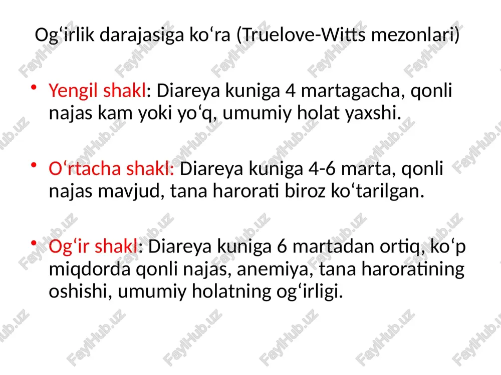 ilan birga qizil qon bo‘ladi. 3. qorin og‘rig‘i: qorin bo‘shlig‘ida og‘riqlar, ayniqsa, chap pastki qorin bo‘limida, ko‘pincha surunkali yallig‘lanish natijasida paydo bo‘ladi. og‘riqlar asosan najasdan keyin kuchayadi va ba'zi bemorlarda yengillashadi. 4. issiqlik (tempratura): bolalarda yuqori tana harorati (fever) kuzatiladi, bu odatda yallig‘lanishning aktiv fazasini anglatadi. harorat 38°c dan yuqori bo‘lishi mumkin. 5. tananing umumiy holati va toliqish: bosh og‘rig‘i, charchoq va umumiy salomatlikning yomonlashishi kuzatilishi mumkin. 6. anemiya: kronik qon yo‘qotish (qonli najas orqali) natijasida bolalarda anemiya rivojlanishi mumkin. anemiya belgilariga terining xiralashishi, charchoq va yurak urishi kiradi. 7. dehidratatsiya: ko‘p miqdorda diareya va qon yo‘qotish natijasida suvsizlanish (dehidratatsiya) kuzatilishi mumkin. bu bolalarda og‘ir holatlarga olib kelishi mumkin. belgilariga og‘ir quruq og‘iz, tez yurak urishi, siyishning kamayishi va qon bosimining tushishi kiradi. 8. ortiqcha gaz va shishish: ichakdagi yallig‘lanish gaz ishlab chiqarishni oshiradi, bu esa qorin shishishiga olib kelishi mumkin. 9. rivojlanish va o‘sish kechikishi: bolalarda yallig‘lanish jarayoni surunkalashgan …