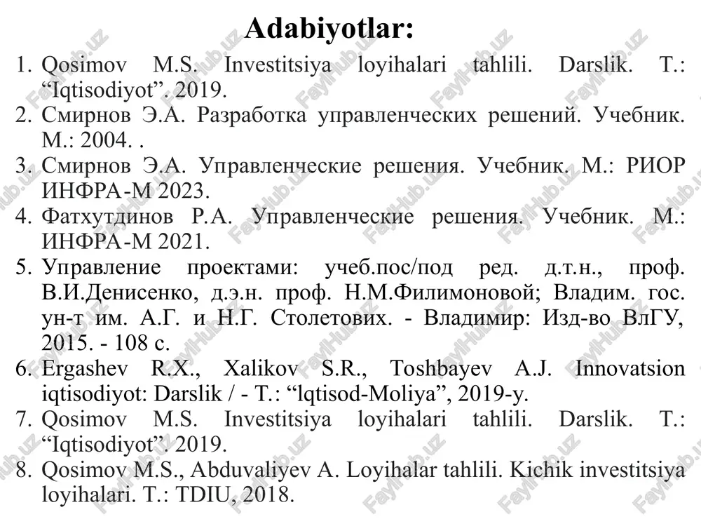 lik bunday xizmat hozircha tumanda yo‘q, lekin gigiyena va tozalikka rioya qilmaslik ko‘plab kasalliklarni qo‘zg‘atmoqda. shu muammoni hal qilish uchun tumandagi nodavlat tashkiloti aholi orasida ma’lumot tarqatish va targ‘ibot ishlarini olib borish loyihasini yaratib yangi xizmat turini sinab ko‘radi. loyiha natijasi qoniqarli bo‘lsa, uni butun viloyat bo‘ylab doimiy ravishda amalga oshirsa bo‘ladi. shu borada, har bir loyihani tuzganda, loyiha barqarorligini oldindan o‘ylash va uni tadbirlarga singitib borish juda muhim. loyiha tugagach unga nima bo‘ladi? kim bu ishni davom ettiradi? unga qayerdan moliya keladi? shu kabi savollar ustida bosh qotirish kerak va loyiha tugagach uning o‘rnida bo‘shliq paydo bo‘lib qolmaslikka intilish kerak. agar loyiha yangi mahsulot yaratish bilan bog‘liq bo‘lsa, yangi mahsulot turi korxonaning doimiy mahsulot ishlab chiqarish jarayoniga kiritiladi. loyiha - bu maqsadli, oldindan ishlangan va rejalashtirilayotgan jismoniy obyektlarni ishlab chiqarish yoki modenizatsiya qilish, texnologik jarayonlarni, ular uchun tashkiliy hujjat, moddiy, moliyaviy, mehnat va boshqa resurslar, shuningdek boshqaruv qarorlari va …