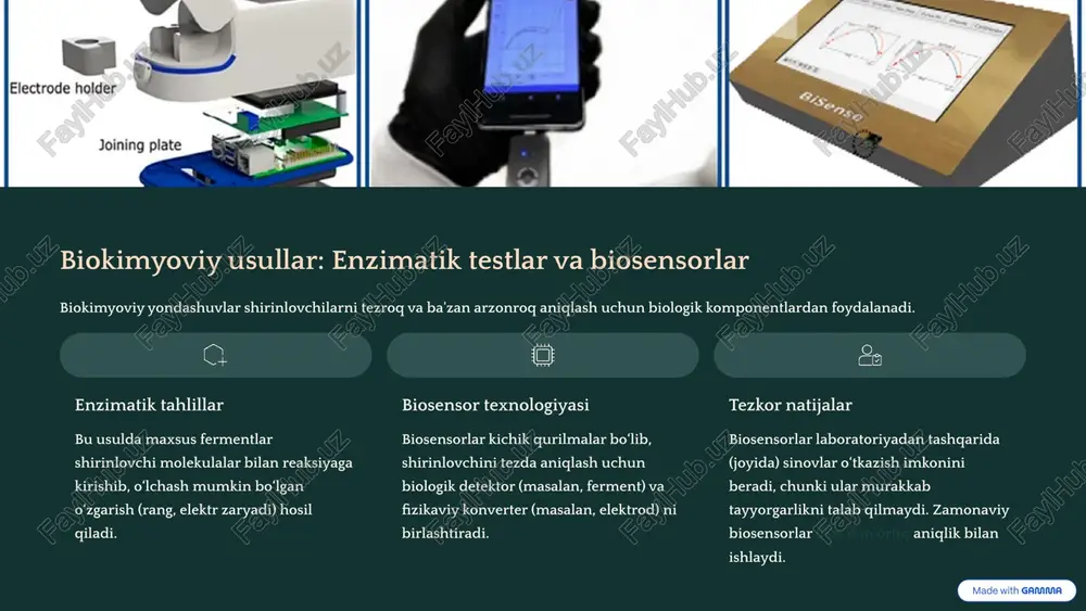 li darajada tezlashtiradi. iste’molchilarni xabardor qilish ichimliklar yorliqlarida shirinlovchilar turi va miqdori haqidagi ma’lumotlarni yanada aniq va tushunarli tarzda aks ettirishni talab qiluvchi qonunchilikni kuchaytirish lozim. xalqaro hamkorlik aniqlash usullarini standartlashtirish va tajriba almashish maqsadida xalqaro ilmiy markazlar va nazorat organlari bilan hamkorlikni kengaytirish. 9 xulosa: sifat va xavfsizlik uchun zamonaviy aniqlash usullari zarur nazorat – sog‘lom kelajak kafolati sun’iy shirinlovchilarni aniqlash ichimlik mahsulotlarining sifatini va xavfsizligini ta’minlashda asosiy omil hisoblanadi. kimyoviy, biokimyoviy va raqamli texnologiyalarning kombinatsiyalangan qo‘llanilishi yuqori samaradorlikka erishishga imkon beradi. o‘zbekiston bozorida sifat nazoratini kuchaytirish va zamonaviy tahlil usullarini joriy etish iste’molchilar salomatligini himoya qilishda muhim qadamdir. 10 image-1002-1.png image-1-1.png image-1003-1.png image-2-1.png image-1004-1.png image-3-1.png image-1005-1.png image-4-1.png image-4-2.png image-4-3.png image-4-4.png image-1006-1.png image-5-1.png image-5-2.png image-5-3.png image-1007-1.png image-6-1.png image-1008-1.png image-7-1.png image-1009-1.png image-8-1.png image-8-2.png image-8-3.png image-8-4.png image-1010-1.png image-9-1.png image-9-2.png image-9-3.png image-9-4.png image-1011-1.png image-10-1.png image-10-2.png image-10-3.png image-10-4.png