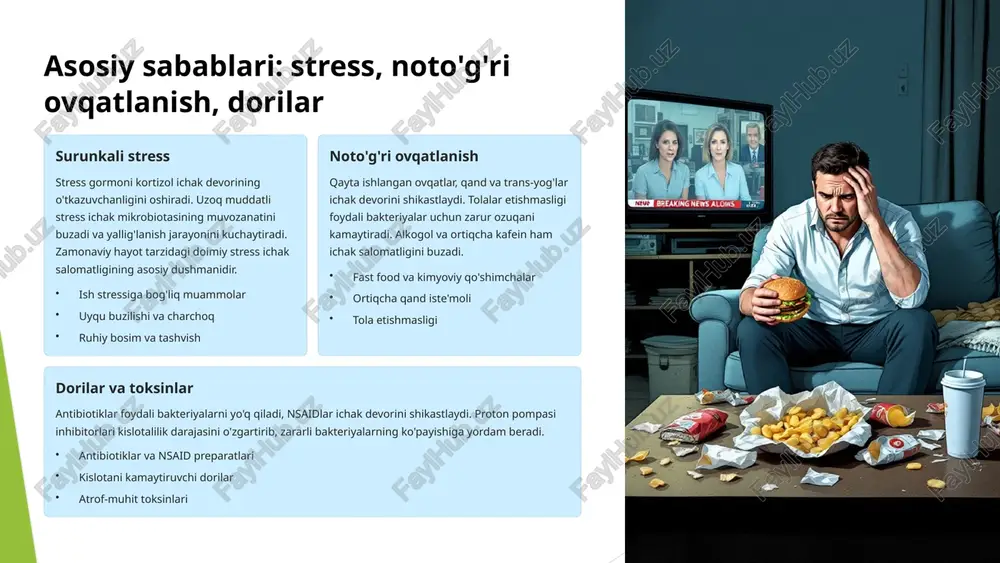 bi kasalliklarning rivojlanishida ichak ta'sirlanish sindromi muhim rol o'ynaydi. molekulyar mimikrya mexanizmi orqali immunitet o'z to'qimalariga qarshi harakat qila boshlaydi. nevrologik buzilishlar depressiya, tashvish, adhd va hatto alzgeymer kasalligi ichak-miya o'qi orqali ichak salomatligi bilan bog'liq. ichak mikrobiotasi neyrotransmitterlar ishlab chiqarishda ishtirok etadi. yurak-qon tomir kasalliklari surunkali yallig'lanish ateroskleroz rivojlanishiga yordam beradi. lps va boshqa bakterial toksinlar yurak-qon tomir tizimiga salbiy ta'sir ko'rsatadi va c-reaktiv oqsil darajasini oshiradi. metabolik kasalliklar 2-tip diabet, semizlik va metabolik sindrom bilan kuchli bog'liqlik mavjud. yallig'lanish insulin qarshiligini kuchaytiradi va glyukoza almashinuvini buzadi. endotoksemiya metabolik disfunktsiyaga olib keladi. allergiya va astma ichak ta'sirlanish sindromi th2 immunitet javobini kuchaytiradi, bu esa allergik reaktsiyalar va astmaning rivojlanishiga yordam beradi. ovqat allergiyalari va atrof-muhit allergenlarga sezuvchanlik oshadi. teri kasalliklari ekzema, psoriaz, akne va boshqa teri muammolari ichak-teri o'qi orqali ichak salomatligi bilan bog'liq. yallig'lanish mediatorlari teri to'qimalariga ta'sir qiladi va turli teri kasalliklarini yuzaga keltiradi. 8 davolash strategiyalari: …