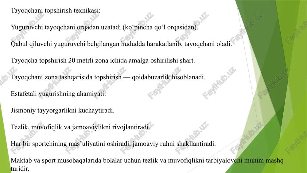 a va barcha shartlarga rioya qilishni ta'minlaydi. jarohatga olib keluvchi xavfsizlik qoidalarini buzish chalingan. jismoniy tayyorgarlikni sinash estafetali yugurish boshlanishidan oldin, o'quvchilar jismoniy tayyorgarlikni sinashadi. bunga asosiy sining, jismoniy tezlik sinovi, muammoli jismoniy qobiliyatlarni aytadi. bu jarohatning oldini olishga va o'quvchining sog'ligini saqlashga yordam beradi. 8 estafetali yugurishda xavfsizlik qoidalariga rioya etish sportchilar salomatligini saqlash va musobaqaning tartibli o‘tishini ta’minlashda muhim ahamiyatga ega. yugurishdan oldin barcha ishtirokchilar jismoniy tayyorgarlik mashqlarini bajarib, mushaklarni qizdirishlari zarur. bu jarohatlarning oldini oladi va sportchining yugurish tezligini barqarorlashtiradi. musobaqa o‘tkaziladigan yo‘lak tekis, sirpanchiq bo‘lmagan qoplamaga ega bo‘lishi kerak. tayoqchani topshirish jarayonida sportchilar bir-biriga to‘qnashmasligi, yo‘lakni kesib o‘tmasligi va raqib jamoa a’zolariga xalaqit bermasligi lozim. tayoqcha bilan yugurishda uni mahkam ushlash, ammo haddan ortiq siqmaslik tavsiya etiladi, chunki bu yugurish texnikasini buzishi mumkin. yuguruvchilar tayoqchani topshirish zonasida to‘xtamasdan harakatni davom ettirishlari va orqaga qaytmasliklari kerak. aks holda to‘qnashuv yoki yiqilish xavfi ortadi. har bir sportchi o‘z …