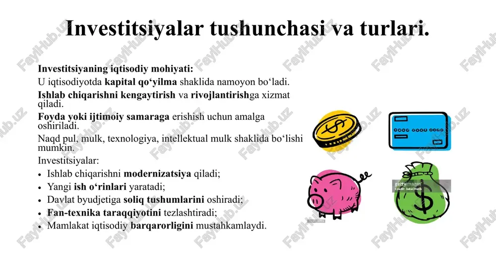 obot (balans) uzoq va qisqa muddatli investitsiyalar qoldig‘i aks ettiriladi. 06, 58-schotlar 2 moliyaviy natijalar to‘g‘risidagi hisobot investitsiyadan olingan foyda (dividend, foiz, kapital o‘sish) ko‘rsatiladi. 91-schot “boshqa daromadlar va xarajatlar” 3 pul oqimlari to‘g‘risidagi hisobot investitsion faoliyat bo‘yicha kirim va chiqim oqimlari ko‘rsatiladi. investitsion faoliyat bo‘limi 4 investitsion loyiha hisobotlari loyihaning xarajatlari, daromadlari va qaytish muddati tahlil qilinadi. investitsiya dasturi, smeta 5 qo‘shimcha tahliliy hisobotlar ichki foydalanish uchun investitsiya samaradorligi va risk tahlili. korxona ichki buxgalteriya tahlili investitsiyalar bo‘yicha tahlilning asosiy yo‘nalishlari yo‘nalish tahlil mazmuni natija hajm tahlili qaysi miqdorda va qaysi sohalarga investitsiya kiritilganini aniqlaydi. investitsiya portfeli hajmi samaradorlik tahlili kiritilgan mablag‘ qancha daromad keltirganini hisoblaydi. foyda, rentabellik risk tahlili investitsiya bilan bog‘liq xavf darajasini o‘lchaydi. risk koeffitsienti manbalar tahlili investitsiya qaysi mablag‘lar hisobidan amalga oshirilganini aniqlaydi. o‘z mablag‘i yoki qarz mablag‘i strukturaviy tahlil investitsiyalar turlarining umumiy hajmga nisbati. real, moliyaviy, ijtimoiy turlarning ulushi investitsiya samaradorligini baholash ko‘rsatkichlari ko‘rsatkich …