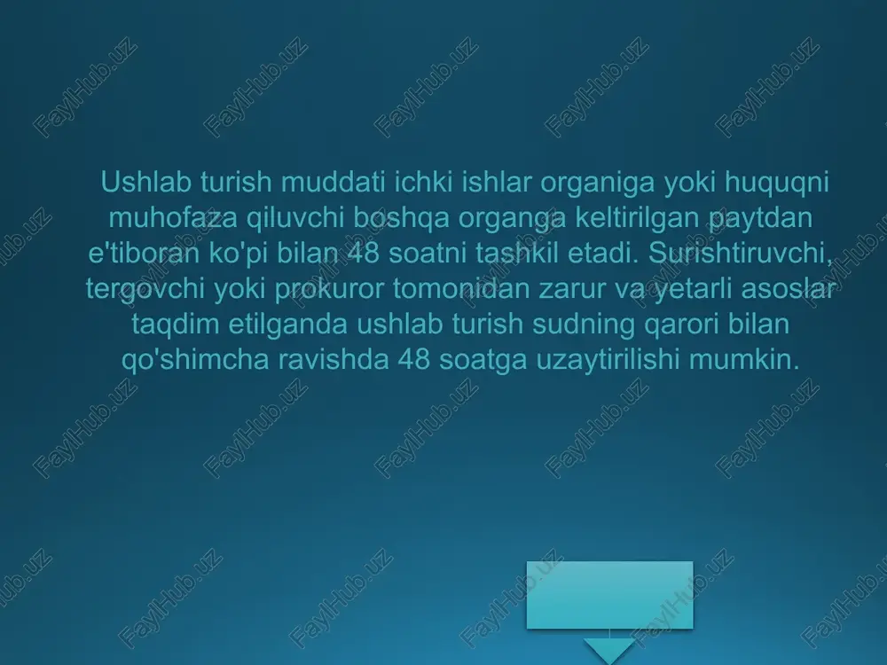 dek jabrlanuvchi, fuqaroviy daʼvogar, fuqaroviy javobgar va ularning vakillari ish materiallari bilan tanishib chiqqan vaqt; 2) dastlabki tergov toʻxtatib turilgan vaqt; 3) qoʻshimcha tergov oʻtkazish uchun prokuror tomonidan qaytarilgan ish tergovchiga kelib tushgunga qadar oʻtgan vaqt. ushbu moddaning birinchi qismida belgilangan dastlabki tergov muddati tegishincha qoraqalpogʻiston respublikasi prokurori yoki viloyat, toshkent shahar prokurori va unga tenglashtirilgan prokuror tomonidan besh oygacha uzaytirilishi mumkin. keyinchalik dastlabki tergov muddati faqat oʻzbekiston respublikasi bosh prokurori yoki uning oʻrinbosarlari tomonidan yetti oygacha uzaytirilishi mumkin. ish qoʻshimcha tergov oʻtkazish uchun qaytarib yuborilganda, shuningdek toʻxtatilgan yoki tugatilgan ish qayta tiklanganda qoʻshimcha tergov muddati mazkur ishni tergovchi qabul qilgan paytdan eʼtiboran bir oy doirasida belgilanadi. bu muddatni yanada uzaytirish ish prokurorga berilgunga, toʻxtatib turilgunga yoki tugatilgunga qadar oʻtgan tergov muddati hisobga olingan holda umumiy asoslarda amalga oshiriladi. tergovga qadar tekshiruvni amalga oshiruvchi organlar tergovga qadar tekshiruv quyidagilar tomonidan amalga oshiriladi: 1) ichki ishlar organlari; 2) harbiy qismlar, qoʻshilmalarning …