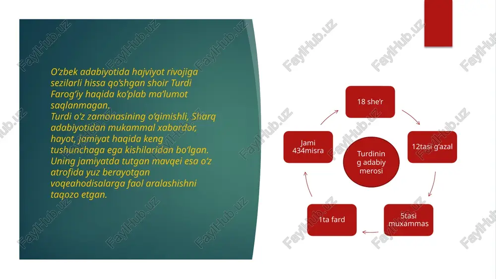 («…ibrat ila boq, ko‘zung tufroqqa to‘lmasdan burun» xulosa qiladigan bo‘lsak, turdi farog‘iy xalq va millat uchun jon kuydirgan, hatto vaqti kelganda kurashga otlangan va boshqalarni ham bunga da’vad qila olgan mutaffakir shoirdir. uning qanchalar muaffakir ekanligini quyidagi misralar ham isbotlaydi: har qanda g‘ami do‘st dili porani istar, to subh yaqo yirtmadi – mehr o‘lmadi paydo – turdi farog‘iy hatto shu yerda ham odamlarni mehrli bo‘lishga chorlamoqda mening nazarimda.shoir fikricha, do‘st g‘ami dili pora jarohatlangan yurakni taqoza etadi. chunki yurakning bir parchasini yulib do‘stga berish, uning ham mehrini yurakkaga joylash kerak, shunda do‘stlik mustahkam va abadiy bo‘ladi. ikkinchi misra esa xuddi birinchi misrani dalillagandek toki quyosh shafaqi osmonni yoritib tun zulmatini parchalamaguncha mehr quyoshi chiqmaydi. e’tiboringiz uchun rahmat! image1.jpeg image2.jpeg image3.jpeg image4.jpeg image5.jpeg image6.jpeg image7.jpeg image8.jpeg image9.jpeg image10.jpeg image11.jpeg image12.jpeg image13.jpeg image14.jpeg image15.jpeg image16.jpeg image17.jpeg image18.jpeg image19.jpeg image20.jpeg image21.jpeg /docprops/thumbnail.jpeg