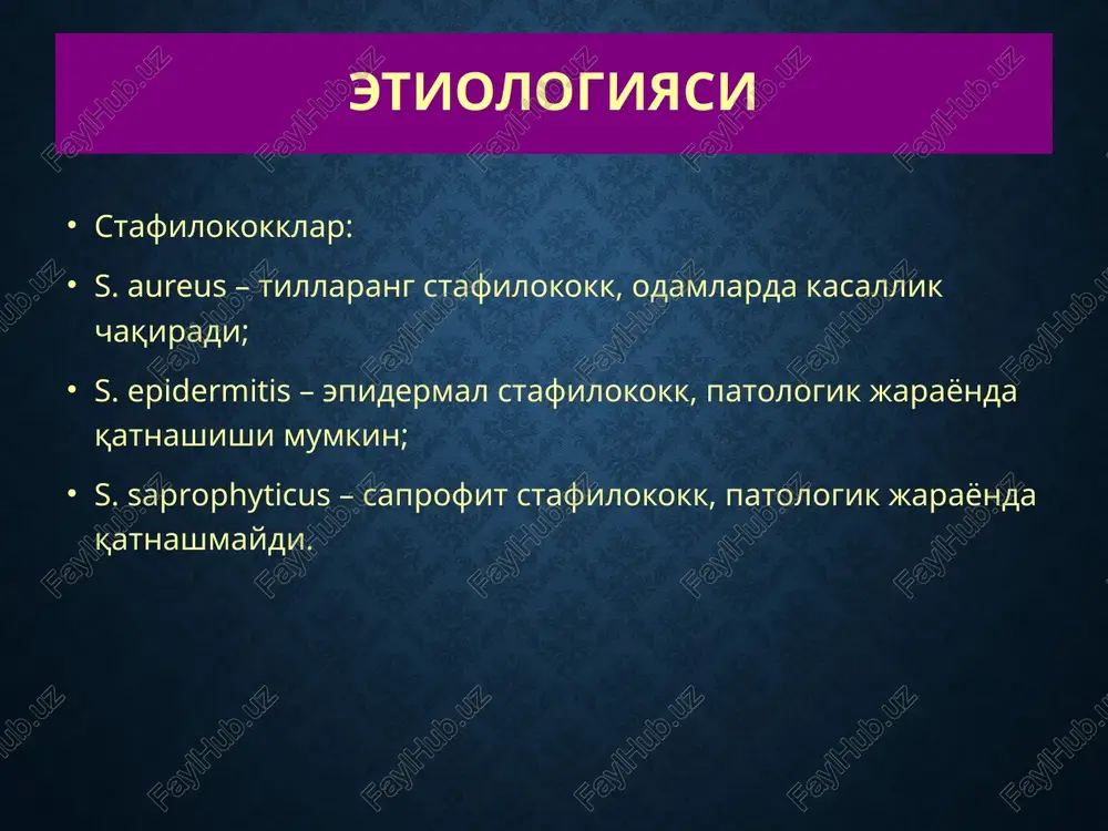a unga chuqur kirib boradi. kasallik boshlanishida qizil rangdagi og'ruvchi tugunchalar paydo bo'ladi. 2-3 kun o'tgach, ular o'rtasida soch bo'lgan maddaga aylanadi. bir ikki kunda madda suyuqligi chiqib kichik yaracha hosil bo'ladi. kasallik 5-7 kunda yakunlanadi va chuqur follikulit o'rnida kichik nuqtasimon chandiq qoladi, bunda soch so'rgichi emiriladi va qayta tiklanmaydi oddiy sikoz (sycosis vulgaris) oddiy sikoz surunkali qaytalanuvchi piodermit bo'lib, o'ziga xos xususiyatlarga ega: kasallikka chalingan follikulalarda beto'xtov ravishda ostiofollikulit va follikulit ko'rinishidagi qaytalangan elementlar hosil bo'ladi. kasallangan sohadagi qariyb barcha follikulalarning jarayonga tortilishi; sekinlik bilan, torpid kechishi; kasallikning klinik manzarasi asta-sekin rivojlanadi. furunkul furunkul (yoki chipqon) terining ko'p uchraydigan yiringli kasalliklaridan hisoblanadi. bu soch follikulasi, yog' bezi, uning atrofidagi biriktiruvchi to'qima va teri osti yog' kletchatkasining o'tkir, yiringli-nekrozli yallig'lanishidir. furunkul ko'pincha ostiofollikulit yoki follikulitdan infektsiyaning chuqurga qarab tarqalishi uchun qulay sharoit mavjud bo'lgan taqdirda rivojlanadi. yakka xolda uchraganini furunkul, 2 tasini furunkullar, 3 va undan ortiq miqdordagisini furunkulez …