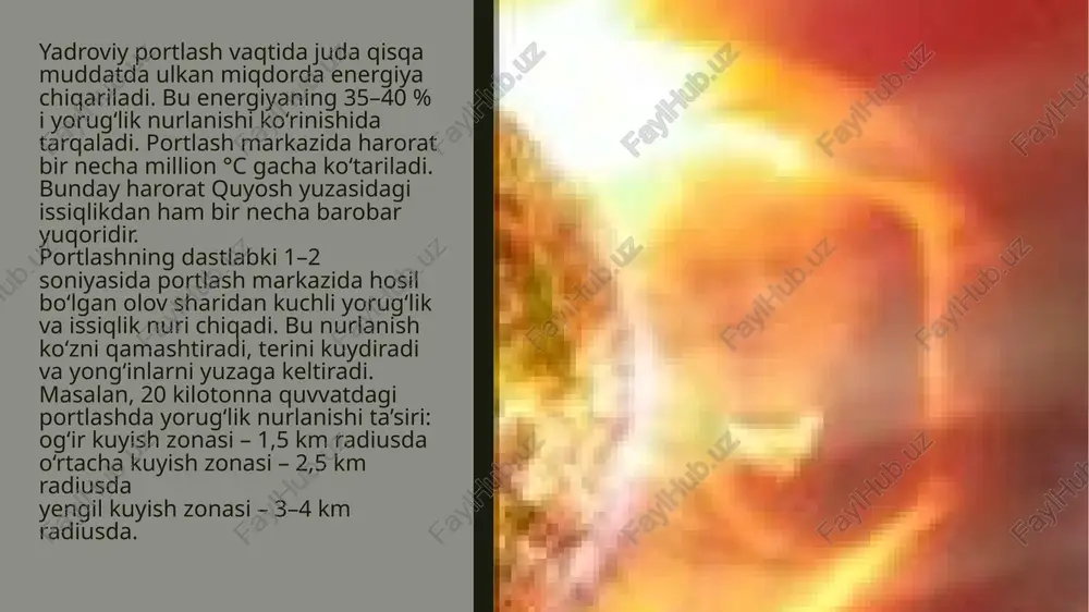 k manbasiga qarash ko‘z retinasida vaqtinchalik yoki doimiy shikastlanishlarga olib keladi. photoretinal injury deb ataladigan bunda fotokimyoviy va termal jarayonlar retina hujayralarini zararlaydi energiya va masofa bilan bog‘liq holda ko‘zga ta’sir darajalari quyidagicha bo‘lishi mumkin: qisqa muddatli, juda yuqori intensiv nurning ta’siri bir necha soniyadan kam vaqt ichida vaqtinchalik ko‘rish yo‘qolishi yoki punktli retinal nekrozga olib keladi og‘ir hollarda doimiy tashqi ko‘rish funksiyasi yo‘qotilishi mumkin. shu sababli portlashni ko‘rgan odamlar darhol ko‘zga yotqizish va ko‘zni salqinlash kabi favqulodda choralar ko‘rishlari tavsiya etiladi. e’tiboringiz uchun raxmat! image1.jpg image2.jpg image3.jpg /docprops/thumbnail.jpeg