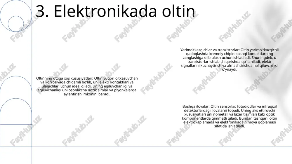 igan ajoyib fotosensitiv materialga aylantiradi oltinning sanoatda qo'llanilishi: fotosuratdan tashqari, oltin turli sohalarda, jumladan stomatologiya, elektronika va zargarlik buyumlarida ko'plab ilovalarni topadi. elektr konnektorlarida, stomatologiyada korroziyaga chidamli qoplama sifatida, zargarlik buyumlari va san'at asarlarida dekorativ element sifatida ishlatiladi nanotexnologiyada oltinning roli: oltin nanozarralari nanotexnologiyada keng qo'llaniladi, ular noyob optik, elektr va biologik xususiyatlarni namoyish etadi. ular dori vositalarini etkazib berish va diagnostika kabi tibbiy dasturlarda, elektron qurilmalar, sensorlar va quyosh batareyalarida qo'llaniladi 8. fotosuratda oltin oltin tarkibi: oltin nafaqat qimmatbaho metall, balki shisha ishlab chiqarishda ham muhim tarkibiy qism bo'lib, yakuniy mahsulotga o'ziga xos rang va yorqinlik qo'shadi. bo'yash va yorqinlik: erigan oynaga oltin qo'shilsa, u boshqa elementlar bilan reaksiyaga kirishib, yoqut qizildan binafsha ranggacha bo'lgan turli xil ranglarni hosil qiladi va oynaga yorqin porlashni beradi. tarix va an'ana: shisha ishlab chiqarishda oltindan foydalanish qadimgi misr va mesopotamiyaga borib taqaladigan uzoq va boy tarixga ega. bugungi kunda dekorativ va badiiy …