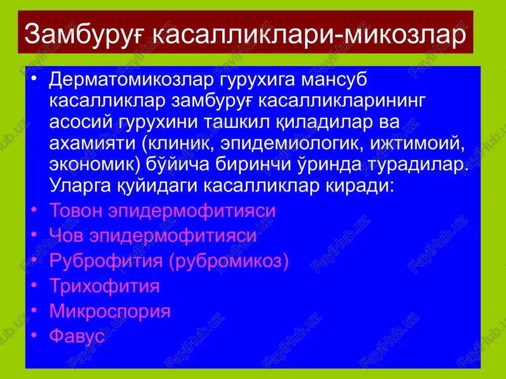pistonni eslatadi, yuzasida biroz qipiqlanish kuzatiladi, ba'zan (asosan yoz faslida) kasallik kuchayib, nam chiqishi tufayli, kasallik alomatlari ekzemani eslatib yuborishi mumkin. bemorlarni qichishish bezovta qiladi. dermatomikozlar-chov epidermofitiyasi chov epidermofitiyasi dermatomikozlar chov epidermofitiyasi dermatomikozlar-trixofitiya trixofitiyaning 3 xil klinik turi tafovut qilinadi: yuzaki trixofitiya- antroponoz kasallik surunkali trixofitiya-antroponoz kasallik infiltrativ-maddalovchi trixofitiya-zooantroponoz kasallik xar bir klinik shakli o'z navbatida silliq terini, boshning sochli qismini, tirnoqlarni, yoki bir vaqtning o'zida silliq teri bilan boshning sochli qismini yoki tirnoqlarni zararlashi mumkin. trixofitiya silliq terining yuzaki trixofitiyasi trixofitiya silliq terining yuzaki trixofitiyasi trixofitiya silliq terining surunkali trixofitiyasi trixofitiya silliq terining surunkali trixofitiyasi trixofitiya silliq terining surunkali trixofitiyasi trixofitiya silliq terining surunkali trixofitiyasi trixofitiya silliq terining surunkali trixofitiyasi trixofitiya silliq terining surunkali trixofitiyasi trixofitiya boshning sochli qismi surunkali trixofitiyasi (“qora nuqtali” trixofitiya) trixofitiya infiltrativ-maddalovchi trixofitiya (zooantroponoz) trixofitiya infiltrativ-maddalovchi trixofitiya (zooantroponoz) trixofitiya infiltrativ-maddalovchi trixofitiya trixofitiya infiltrativ-maddalovchi trixofitiya trixofitiya infiltrativ-maddalovchi trixofitiya trixofitiya boshning sochli qismi infiltrativ-maddalovchi trixofitiyasi trixofitiya infiltrativ-maddalovchi …