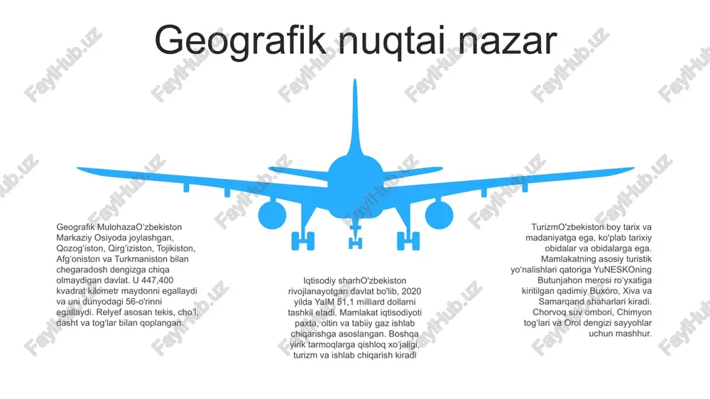 imlarga ega. 3. kompleks sog‘liqni saqlash xizmatlari: o‘zbekistondagi sog‘liqni saqlash muassasalari ixtisoslashtirilgan klinikalar, diagnostika markazlari va shoshilinch tibbiy yordamni o‘z ichiga olgan kompleks xizmatlarni taqdim etadi turistik diqqatga sazovor joylar registon maydoni, samarqand: ulug‘bek madrasasi, shir dor madrasasi va tilya qori madrasasi kabi bu ulug‘vor maydonni o‘rab turgan arxitektura durdonalariga hayron bo‘ling. orol dengizi: bir paytlar bepoyon bo'lgan orol dengizi qoldiqlariga guvoh bo'ling, hozirda atrof-muhit o'zgarishi haqida hikoya qiluvchi syurreal manzara. xivaning devor bilan o'ralgan shahri: yuneskoning butunjahon merosi ro'yxatidagi qadimiy istehkomlar, masjidlar va saroylarni o'rganing va sizni o'tmishga olib boring. kelajak istiqbollari 1. iqtisodiy salohiyat: o'zbekiston turizm sanoati iqtisodiy o'sish uchun keng imkoniyatlarga ega, hukumat bu sohani diversifikatsiyaning asosiy omili sifatida faol ravishda ilgari surmoqda. 2. infratuzilmani rivojlantirish: infratuzilmaga, jumladan, yangi aeroportlar, mehmonxonalar va transport tarmoqlariga doimiy sarmoyalar kirish imkoniyatini oshirmoqda va xalqaro tashrif buyuruvchilar uchun yanada qulay muhit yaratmoqda. 3. madaniy meros: oʻzbekistonning qadimiy shaharlari, yuneskoning butunjahon merosi …