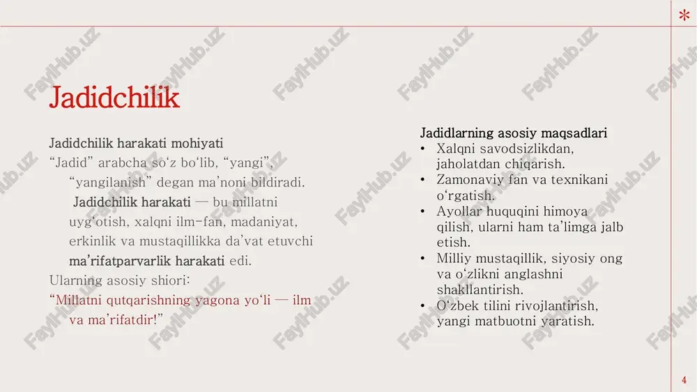 ko‘rsatgan? ilmiy faoliyat pasaydi, siyosiy beqarorlik kuchaydi, ilmiy maktablar tanazzulga yuz tutdi. • mirzo ulug‘bekning ilmiy faoliyatida matematikaning o‘rni qanday edi? u trigonometriya, sinuslar jadvali va burchak o‘lchovlarini astronomik hisoblarda qo‘llagan. • bugungi kunda mirzo ulug‘bek merosi qanday shakllarda e’tirof etilgan? uning nomi bilan universitetlar, yodgorliklar, ko‘chalar ataladi; asarlari xalqaro ilmiy meros sifatida tan olingan. * jadidlar (test) 9 “jadid” so‘zining lug‘aviy ma’nosi nima? a) qadimgi b) yangilik tarafdori c) ma’rifatli d) mustaqil jadidchilik harakati qaysi davrda shakllandi? a) xviii asrda b) xix asrning oxiri – xx asr boshlarida c) xx asr o‘rtalarida d) xx asr oxirida jadidlar faoliyatining asosiy maqsadi nima edi? a) diniy siyosatni kuchaytirish b) ilm-fan, ma’rifat va milliy uyg‘onishni rivojlantirish c) faqat adabiyot bilan shug‘ullanish d) harbiy tuzumni mustahkamlash jadid maktablari eski maktablardan nimasi bilan farq qilgan? a) faqat diniy fanlar o‘qitilgan b) yangi o‘qitish usuli va dunyoviy fanlar joriy etilgan c) faqat erkaklar o‘qigan d) …