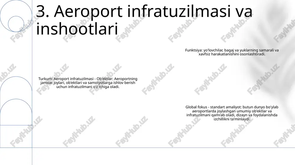 ojlanish: aeroportlar energiyani tejash, chiqindilarni boshqarish va shovqinni kamaytirish tashabbuslarini o'z ichiga olgan atrof-muhitga ta'sirini minimallashtirish uchun barqaror amaliyotlarni qo'llaydi. 9. aeroportning iqtisodiy rivojlanishi xavfsizlik choralari: “jahon havo transporti va aeroportlari” yoʻlovchilar va xodimlar xavfsizligini taʼminlash maqsadida qatʼiy xavfsizlik choralarini koʻradi. ushbu choralar bagajni tekshirish, yo'lovchilarni tekshirish va xavfsizlikni sinchkovlik bilan tekshirishni o'z ichiga oladi. er usti transporti: aeroportda taksilar, avtobuslar va avtoulovlarni ijaraga olish kabi qulay yer usti transporti imkoniyatlari mavjud. yo‘lovchilar toshkent shahri markaziga va o‘zbekistonning boshqa hududlariga bemalol ulanishlari mumkin. foydalanish imkoniyatlari: jahon havo transporti va aeroportlari imkoniyati cheklangan yo‘lovchilar uchun ochiq. aeroportda rampalar, liftlar va kirish uchun qulay hojatxonalar mavjud. shuningdek, nogiron yo'lovchilarga yordam berish uchun xodimlar o'qitiladi. 10. aeroportga ulanish va foydalanish imkoniyati aeroportning yer usti transporti usullari: “jahon havo transporti” toshkent xalqaro aeroportidan yer usti transportining turli xil variantlarini taklif etadi, jumladan taksilar, avtobuslar va shaxsiy avtomobillar. aeroportga tashish xizmatlari: qulay va arzon transport …