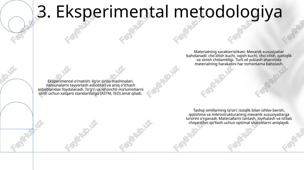 sirini miqdoriy jihatdan aniqlaydi va ular o'rtasidagi bog'liqlikni o'rnatadi. eksperimental usullar va tahlillar: tadqiqotda turli xil eksperimental texnikalar, jumladan, tortishish sinovi, qattiqlik sinovi va mikroskopiya qo'llaniladi. u statistik usullar yordamida natijalarni tahlil qiladi va mexanik xususiyatlarga ta'sir qiluvchi asosiy mexanizmlar haqida tushuncha beradi. 9. materiallar tarkibining ta'siri 1: termal ishlov berish materiallarning mexanik xususiyatlarini sezilarli darajada o'zgartiradi, ularning mustahkamligi, qattiqligi va egiluvchanligiga ta'sir qiladi. 2: issiqlik harorati, ushlab turish vaqti va sovutish tezligi kabi turli omillar issiqlik bilan ishlangan materiallarning mexanik xususiyatlariga ta'sir qiladi. 3: termal ishlov berishning mexanik xususiyatlarga ta'sirini tushunish materialning ishlashini optimallashtirish va bardoshli komponentlarni loyihalash uchun juda muhimdir. 10. termal ishlov berishning ta'siri yangi materiallarning mikro tuzilishi va mexanik xususiyatlarining ta'siri eksperimental tekshirishni talab qiladi. materiallar tuzilishining mexanik xususiyatlariga turli omillar ta'sir qiladi. materiallarning mexanik xususiyatlarini aniqlashda ichki strukturaning roli materialga qarab farqlanadi. 11. mikrostrukturaning ta'siri harorat: haroratning o'zgarishi kuch, qattiqlik va qattiqlik kabi materiallarning mexanik …