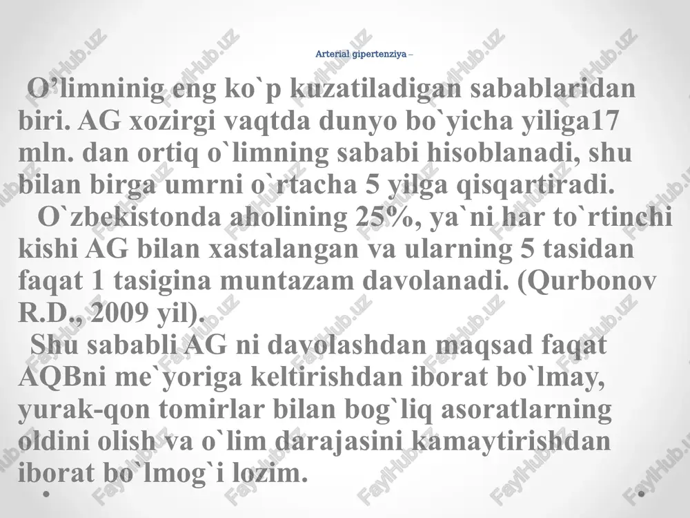 asiyasi. qon tomirlari: aortaning qavatlanuvchi anevrizmasi; arteriyalarning klinik belgilar bilan kechuvchi okklyuzion zararlanishlari. arterial qon bosimi darajalari tasnifi 2002 y kategoriya sistolik diastolik optimal 180 >110 yakkalangan sistolik gipertenziya >140 30% klinikasi shikoyatlari bosh og'rig'i bosh aylanishi xotira susayishi boshda shovqin ko'zlar oldida «dog'lar» uchishi va ko'rishning boshqa turli buzilishi yurak sohasida og'riq hansirash tez charchash tushkun kayfiyat klinikasi anamnestik ma`lumotlar oilaviy anamnez lipid almashinuvi buzilishi ag davomiyligi dori vositalarini qabul qilishi yondosh kasalliklarining mavjudligi ikkilamchi ag simptomlarini aniqlash hayot tarzini baholash klinikasi fizikal tekshiruv bemorning holati semizlik – ayniqsa abdominal semizlik oyoqlar shishi teri rangi nevrologik simptomlar yurak sohasi ko'rigi, palpatsiyasi va perkussiyasi i bosqich – o'zgarishlarsiz ii – iii bosqich – cho'qqi turtkisining kuchayishi va chapga siljishi, yurak nisbiy chegarasining chapga siljishi, qon tomirlari tutamining kengayishi gkda yurak chap qorinchasi miokardining kontsentrik (a) va ekstsentrik (b) gipertrofiyasi. yurak auskultatsiyasi i ton kuchsiz yoki «soqov» aorta ustida ii ton …