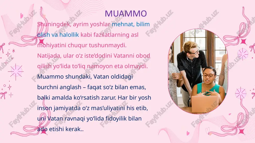 ‘lgan yoshlar tashkil etadi. shu bois, yoshlar qalbida vatanga muhabbat, sadoqat va fidoyilik hissini shakllantirish – mamlakat taraqqiyotining eng muhim maqsadlaridan biri hisoblanadi. har bir yosh o‘zini jamiyatning faol a’zosi sifatida anglab, vatan oldidagi burchini chuqur his etishi zarur. 2024-yilda o‘zbekiston yoshlar ishlari agentligi tomonidan o‘tkazilgan hisobotlarga ko‘ra, 3 milliondan ortiq yoshlar turli vatanparvarlik, ekologik va ijtimoiy loyihalarda faol ishtirok etgan. bu raqam yoshlarning o‘z yurtiga sadoqatini kuchaytirish yo‘lida olib borilayotgan ishlar samarasini ko‘rsatadi prezident tomonidan ilgari surilgan “yoshlar – kelajagimiz” strategiyasi asosida 2025-yilgacha har yili 500 mingdan ortiq yoshlarni ta’lim, tadbirkorlik va vatanparvarlik faoliyatiga jalb etish rejalashtirilgan. bu chora-tadbirlar yoshlarning bilimli, mas’uliyatli va vatan manfaatiga xizmat qiladigan yetuk shaxs bo‘lib kamol topishiga xizmat qiladi. shuningdek, it va texnologiya yo‘nalishlariga bo‘lgan qiziqish ham ortmoqda. 2023-yilgi statistika ma’lumotlariga ko‘ra, texnika va muhandislik yo‘nalishlarini tanlagan yoshlar soni 25 foizga oshgan. xulosa har bir insonning eng muqaddas burchi — o‘z vatani uchun xizmat …