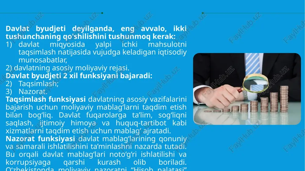 ga oshirish orqali davlat qarzining yaimga nisbatini 50 foizdan oshmasligini taʼminlash; – “yashirin iqtisodiyot”ni qisqartirish orqali daromadlar bazasini kengaytirish; – barcha tadbirkorlar uchun teng imkoniyatlar yaratish hamda soliq tizimini raqamlashtirish va soddalashtirish; – yashil soliqqa tortish va uni amalga oshirish mexanizmlarini ishlab chiqish. fiskal barqarorlikni taʼminlash yoʻnalishida: – konsolidatsiyalashgan budjet taqchilligini yaimga nisbatan 3 foizdan oshirmaslik; – soliq, bojxona va budjet siyosatini jst talablariga uygʻunlashtirish; – soliq maʼmurchiligini takomillashtirish va uning samaradorligini yanada oshirish. 14 slayd 4 s analizom proekta xarajatlarning natijadorligini taʼminlash yoʻnalishida: – “natijaga yoʻnaltirilgan budjetlashtirish” amaliyotiga oʻtish; – aholi talablariga va xalqaro standartlarga toʻliq javob beradigan taʼlim, tibbiyot va ijtimoiy himoya tizimini tashkil qilish uchun davlat budjeti xarajatlarining ijtimoiy yoʻnaltirilganligini saqlab qolish; – gender, “yashil budjetlashtirish” tamoyillarini joriy etish; – davlat moliyasini boshqarish tizimini xalqaro talablardan kelib chiqib samaradorligi va shaffofligini kuchaytirish borasidagi islohotlarni davom ettirish; – budjet xarajatlarining inkluzivligini kuchaytirish. 15 e’tiboringiz uchun rahmat 16 image2.jpeg …